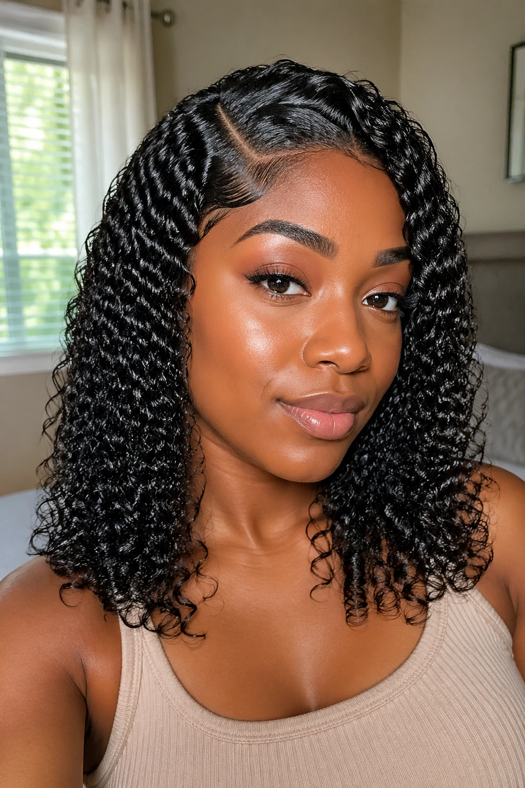 Close-up of a real woman wearing Classic Side-Part Wet-Look Ringlets wig with defined glossy curls