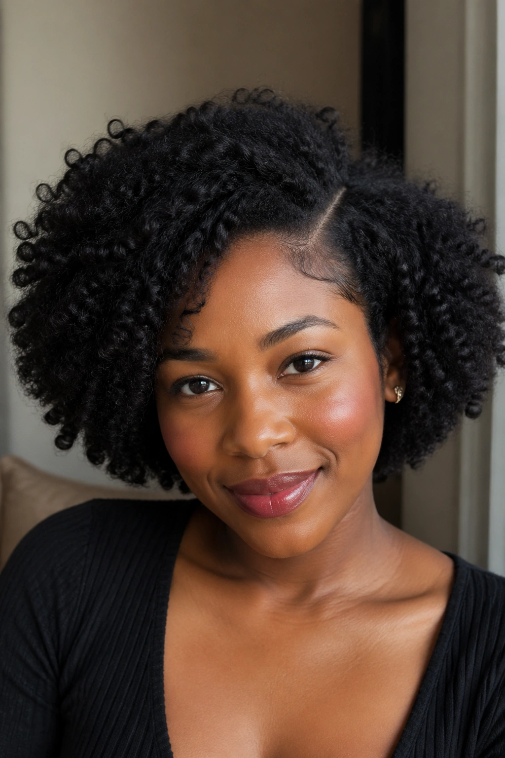 Close-up of a real woman with a side-parted curly afro and curls framing her face.