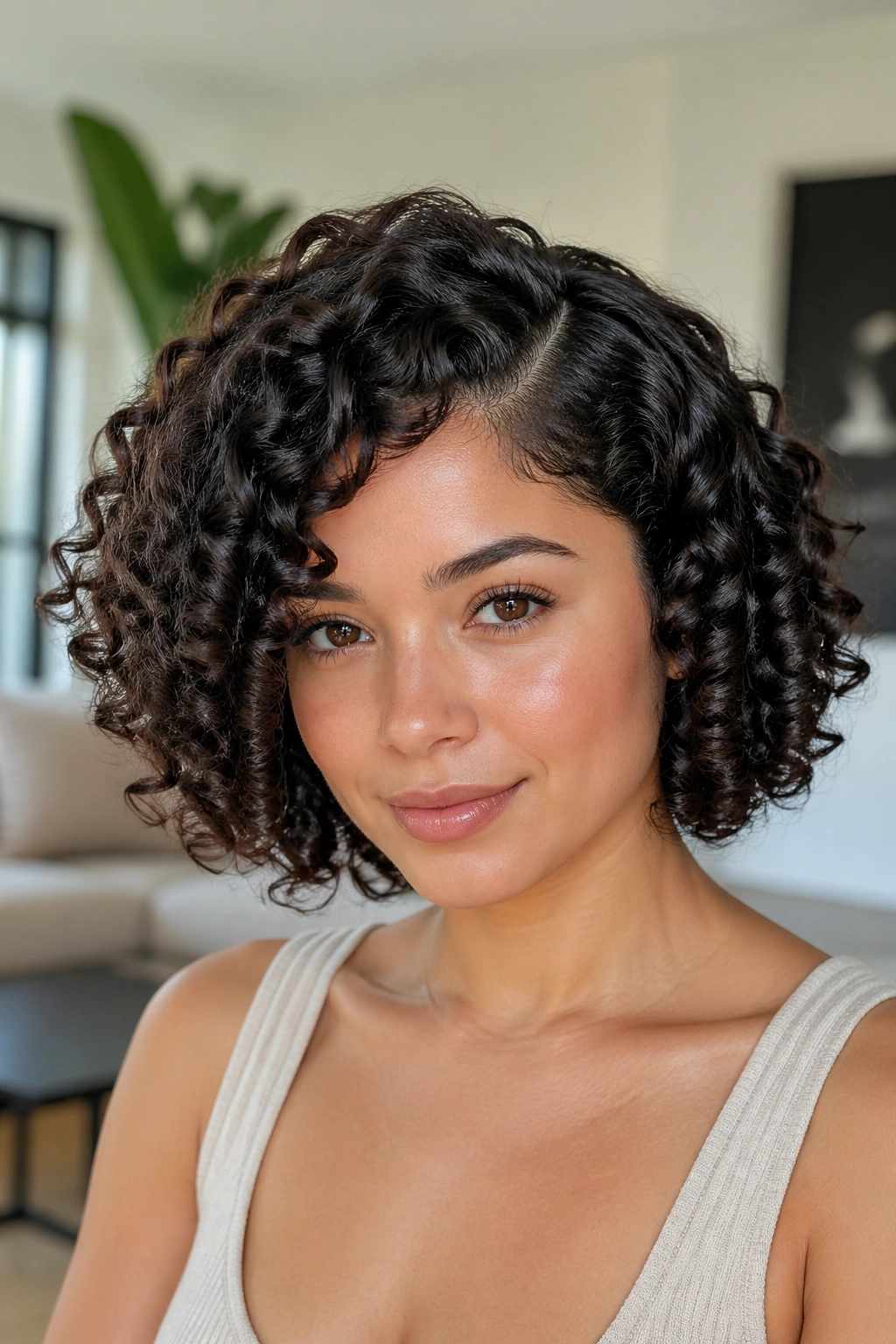 Portrait of a real person with a deep side-part curly bob