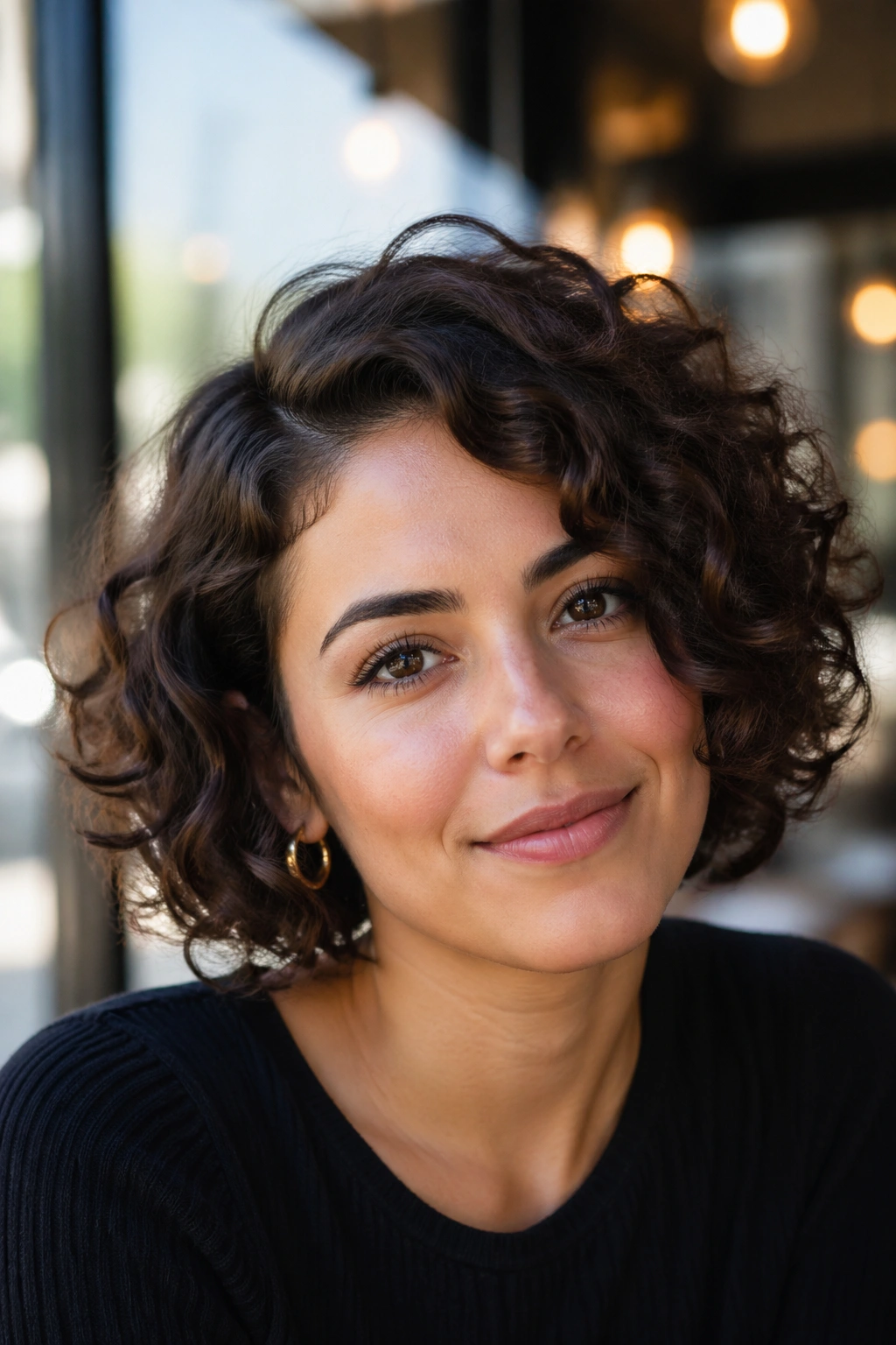 Close-up of a real woman with a side-part curly bob under cafe lighting