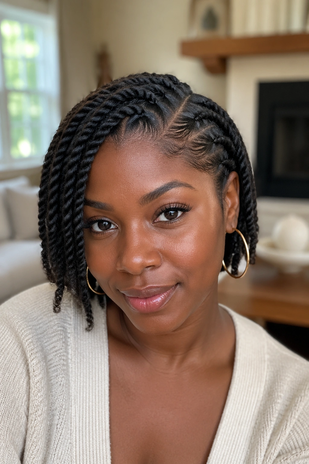Close-up portrait of a real woman with side-part flat twists framing her face.