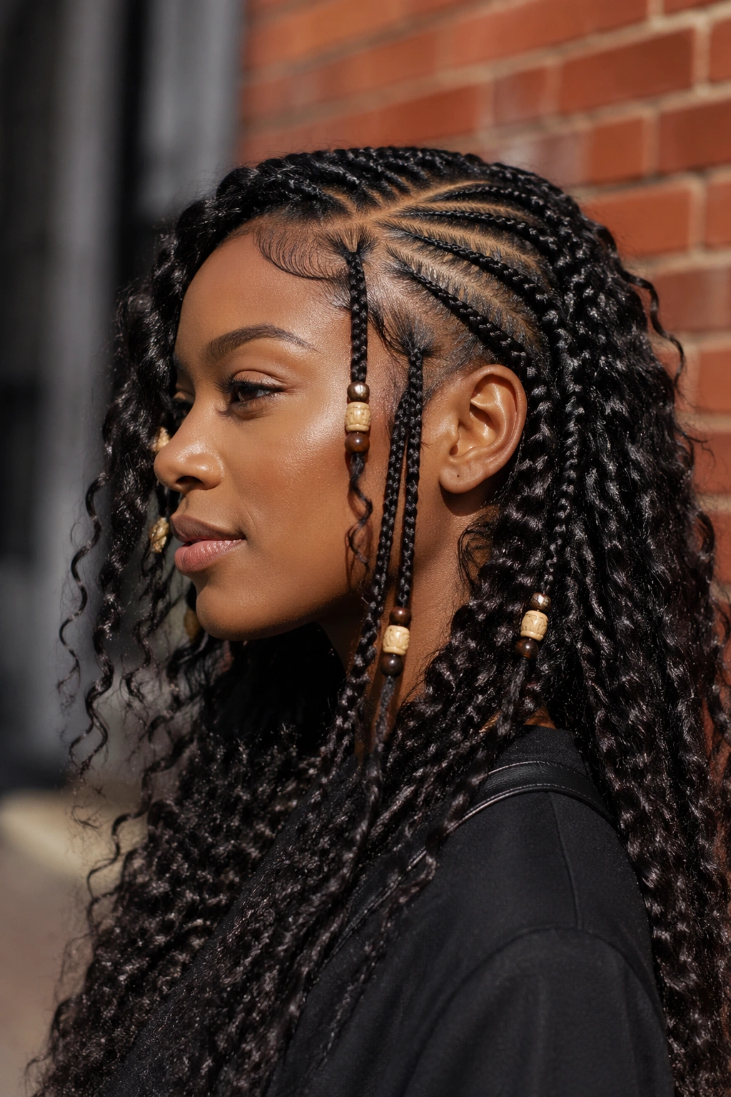Side-profile of a real woman with side-part Fulani braids.