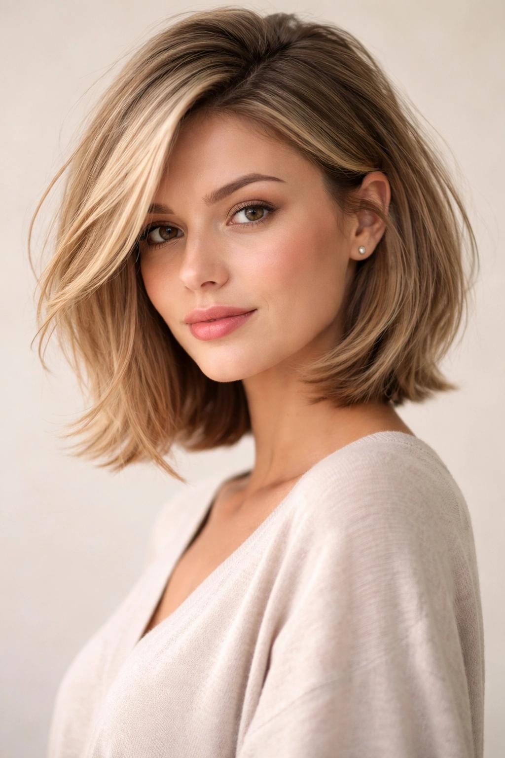 Side-part hush cut bob with crown lift and soft framing