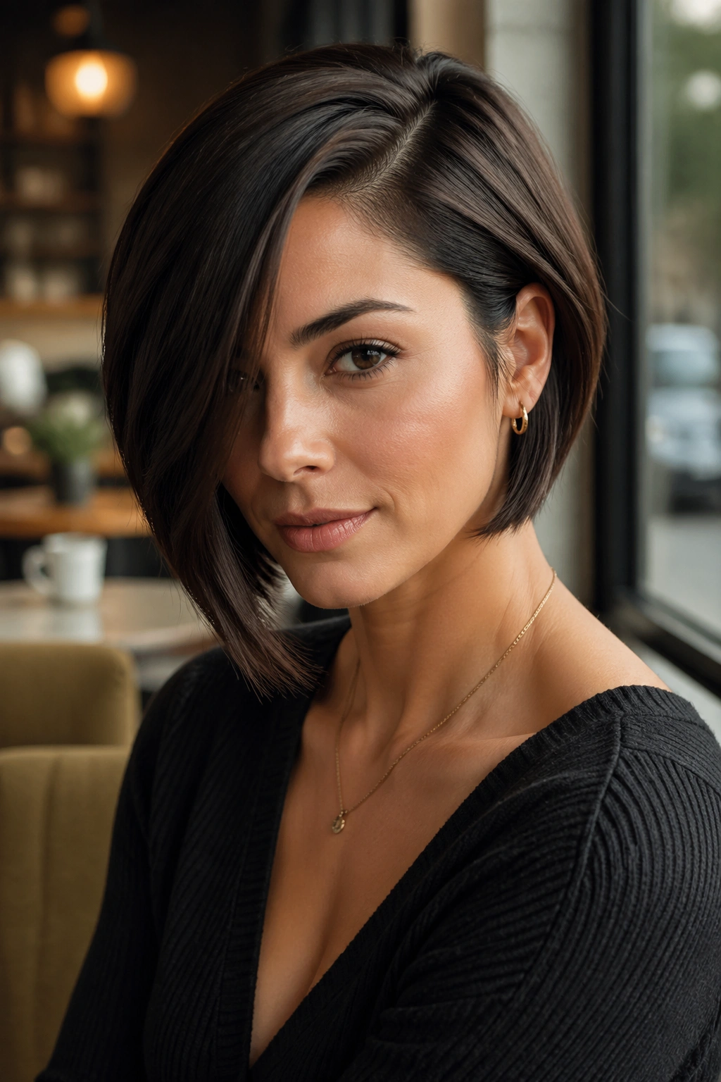 Close-up of a real woman with a deep-side-part inverted bob in soft cafe light.