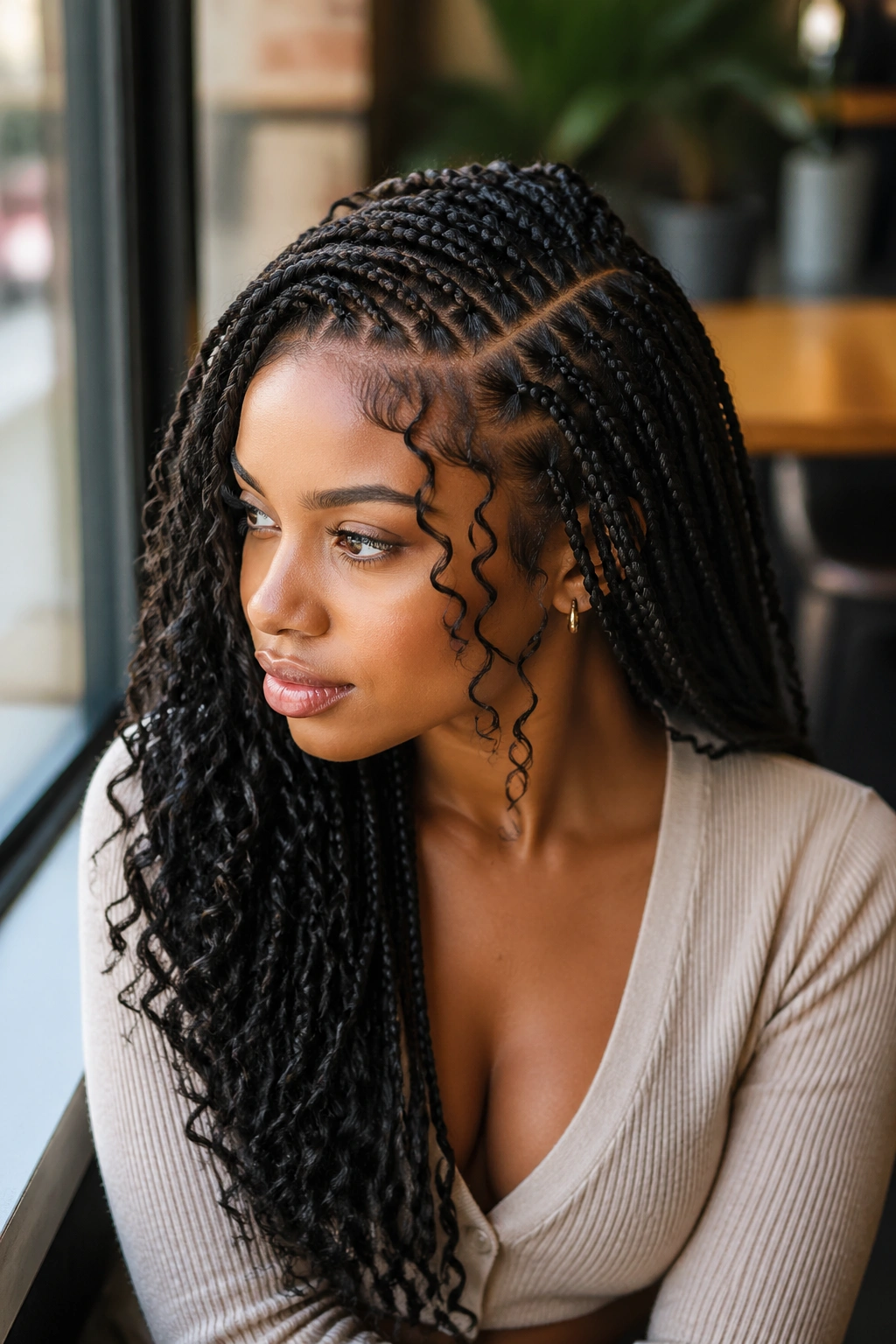 Real woman with side-part knotless braids and face-framing curls, portrait at a cafe.