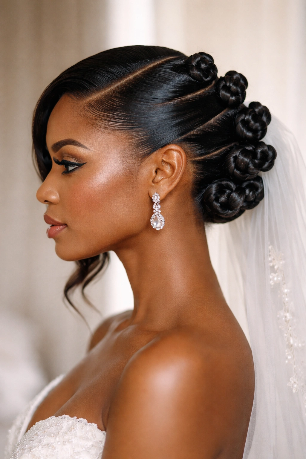 Profile view of sleek side-part knot row along deep side part for a clean wedding profile