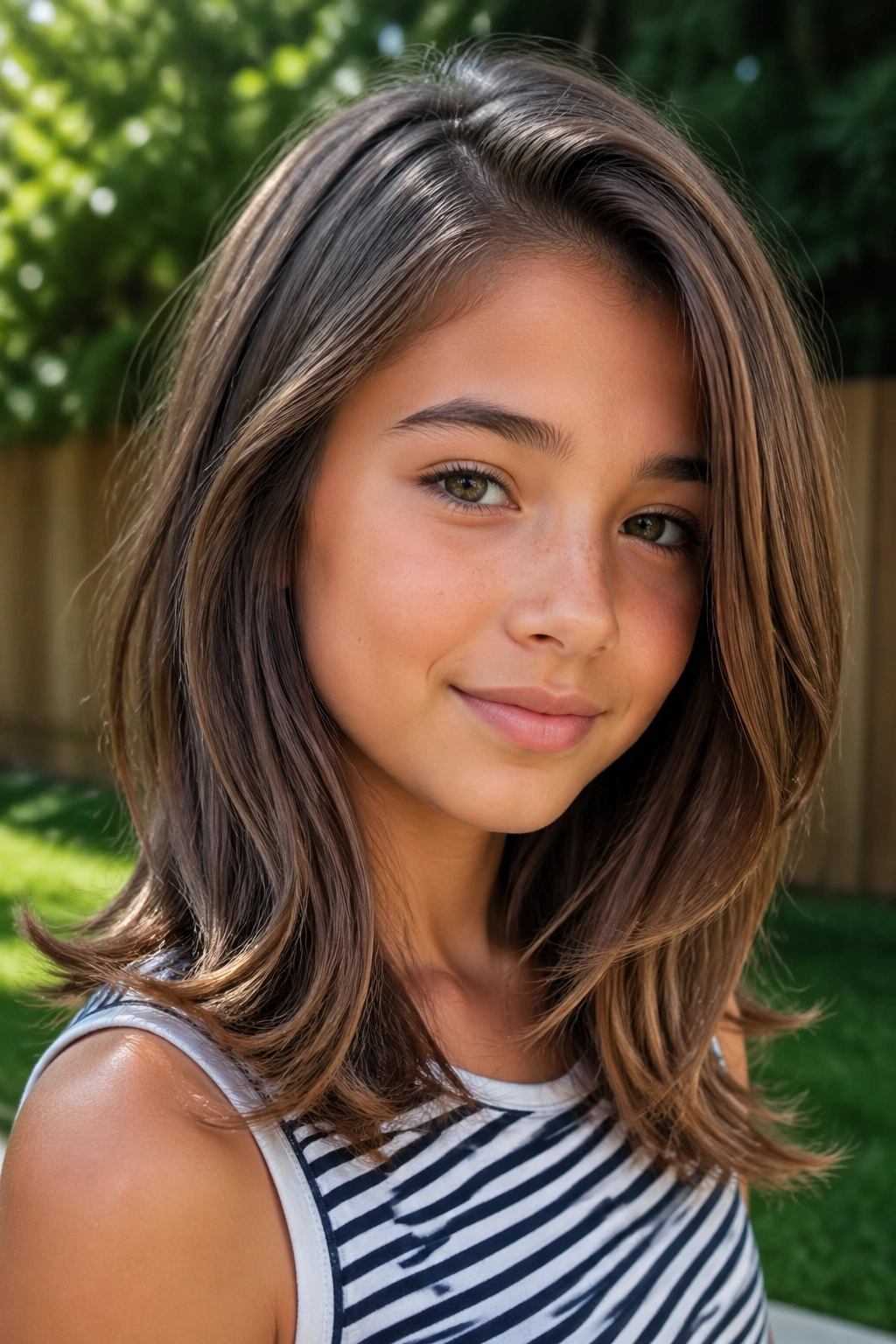 Real girl with side-part lob and soft long layers in sunny yard.
