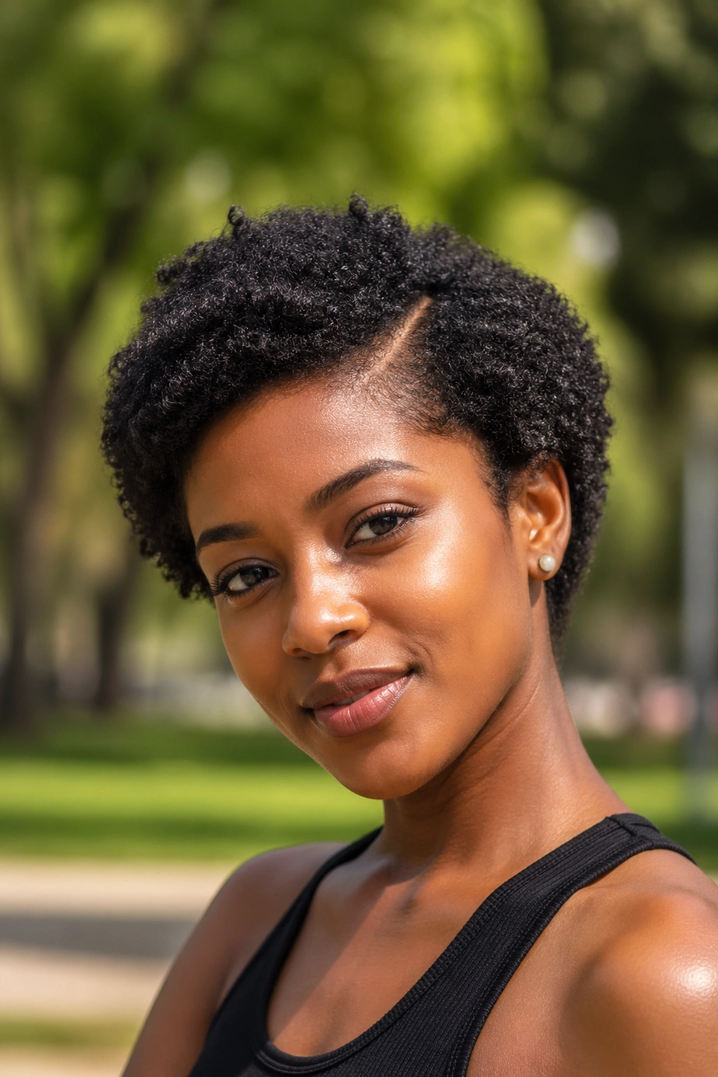 Portrait of a real woman with a side-part mini afro outdoors in daylight.