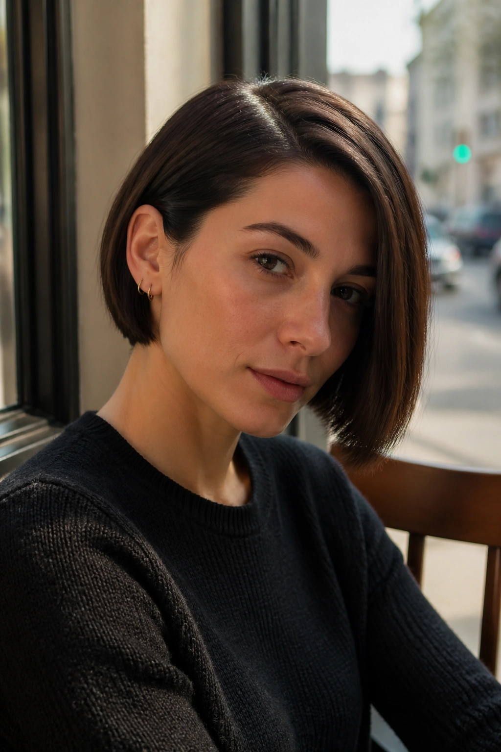 Close-up portrait of a real woman with a deep side-part precision bob at a cafe window