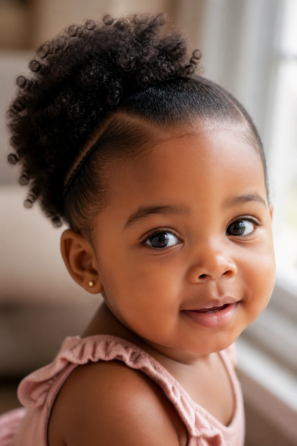 Side-parted Afro Puff on a baby girl's head.