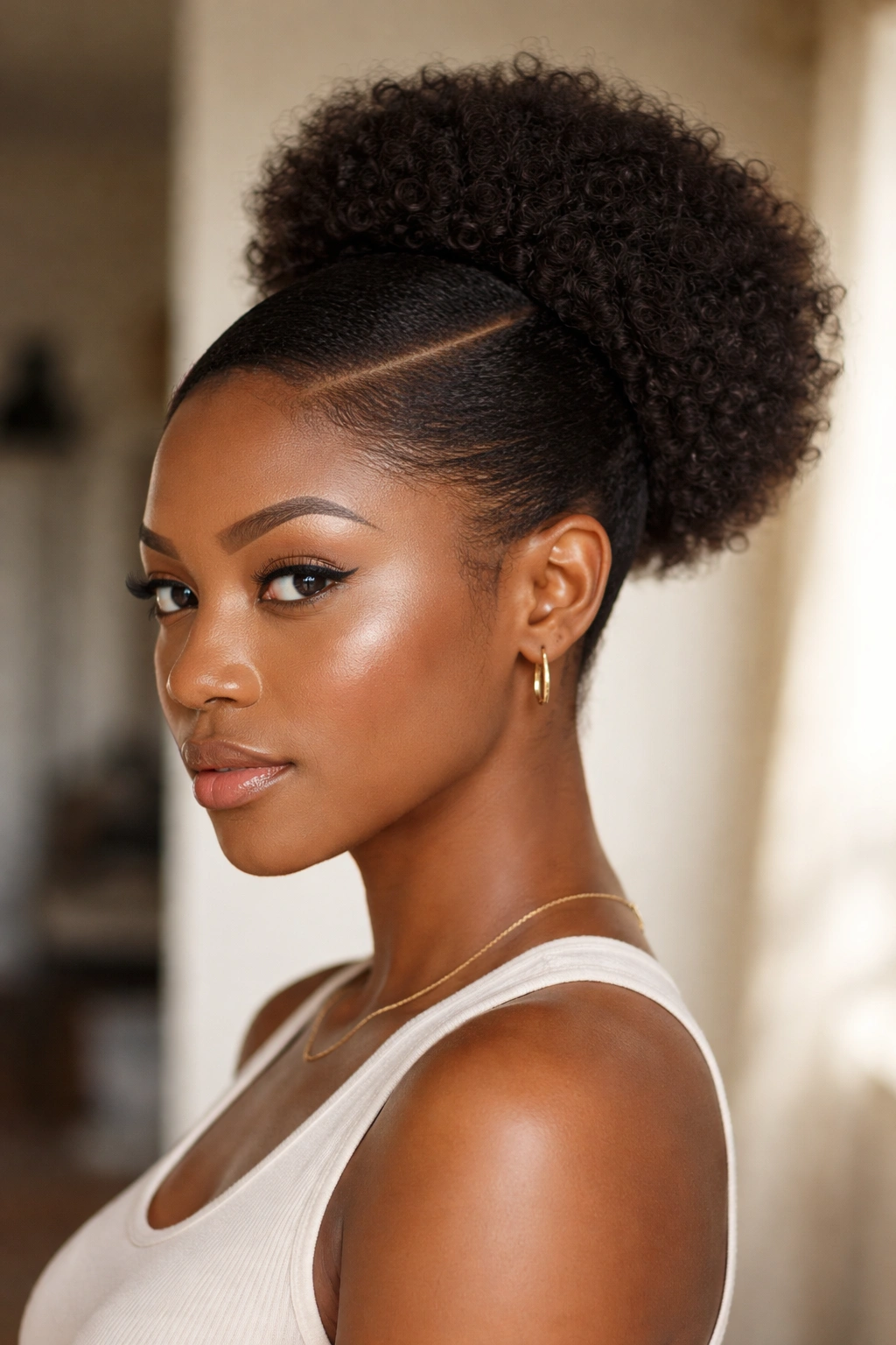 Portrait of side-part puff on short natural hair