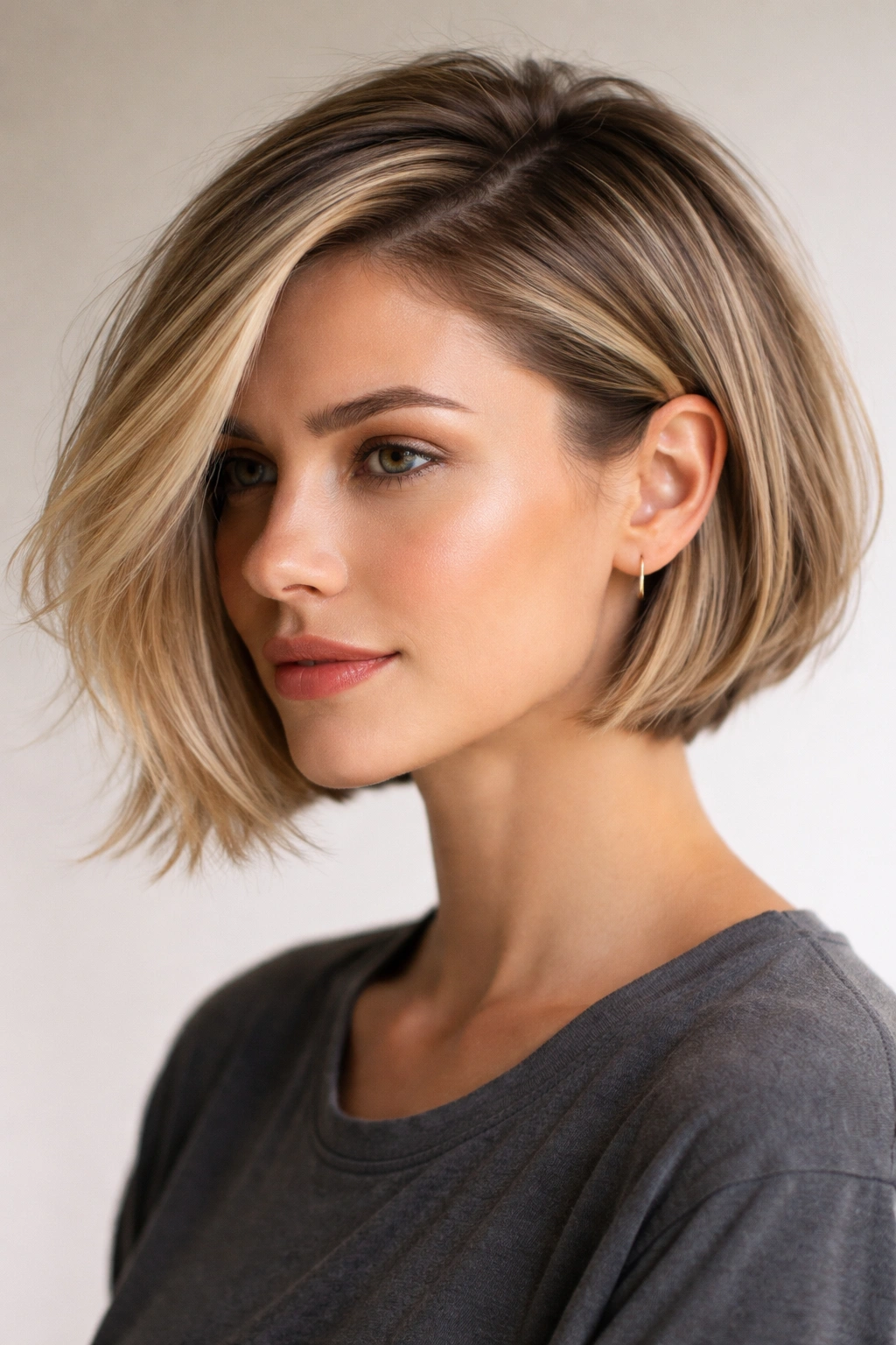 Three-quarter view of a side-part razor bob with crown lift and diagonal sweep.