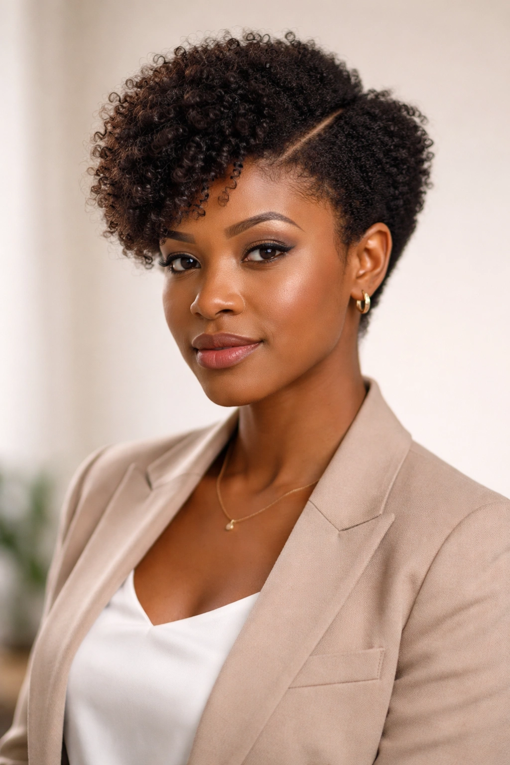 Portrait of a person with a side-part tapered Afro and a clear part line.
