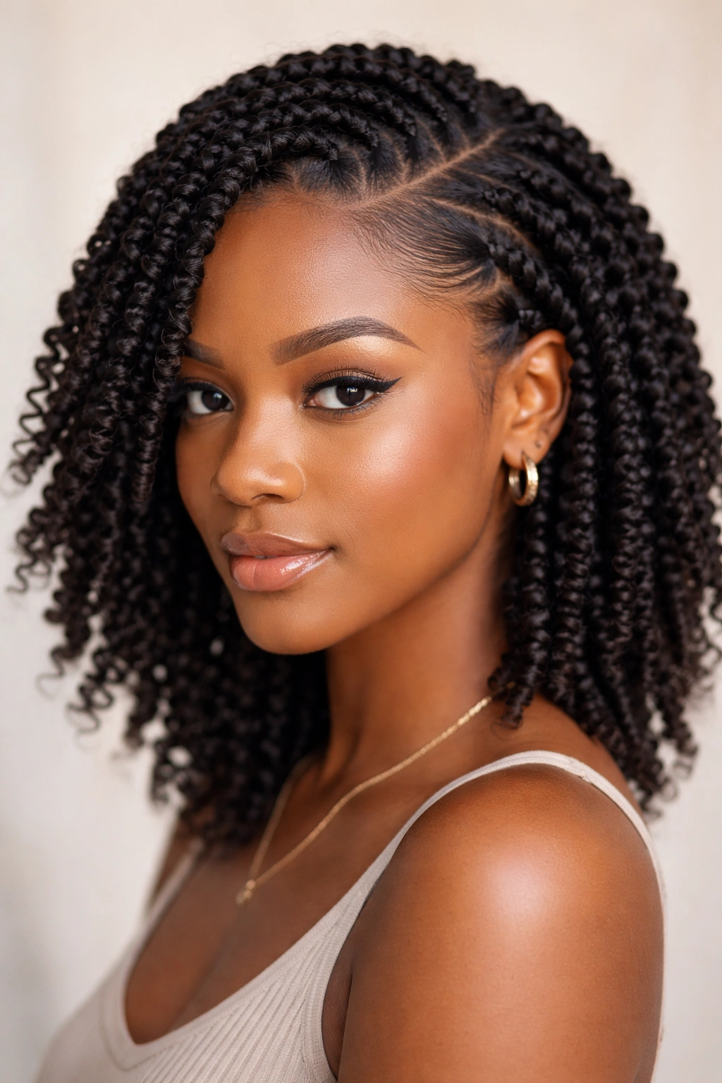 Close-up of side-part twists with a sleek front along a sharp part line