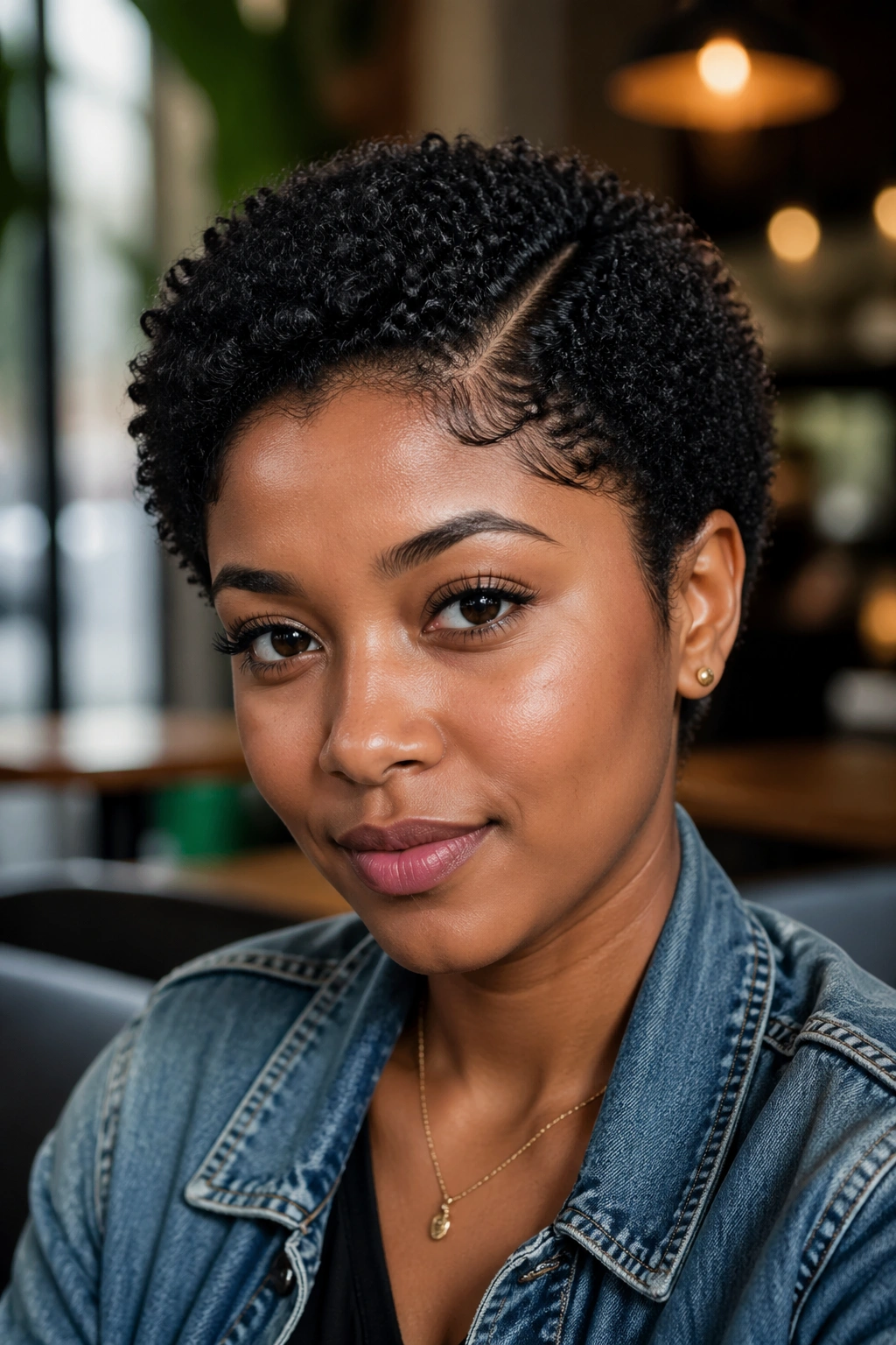 Close-up portrait of a person with a side-parted short afro hairstyle