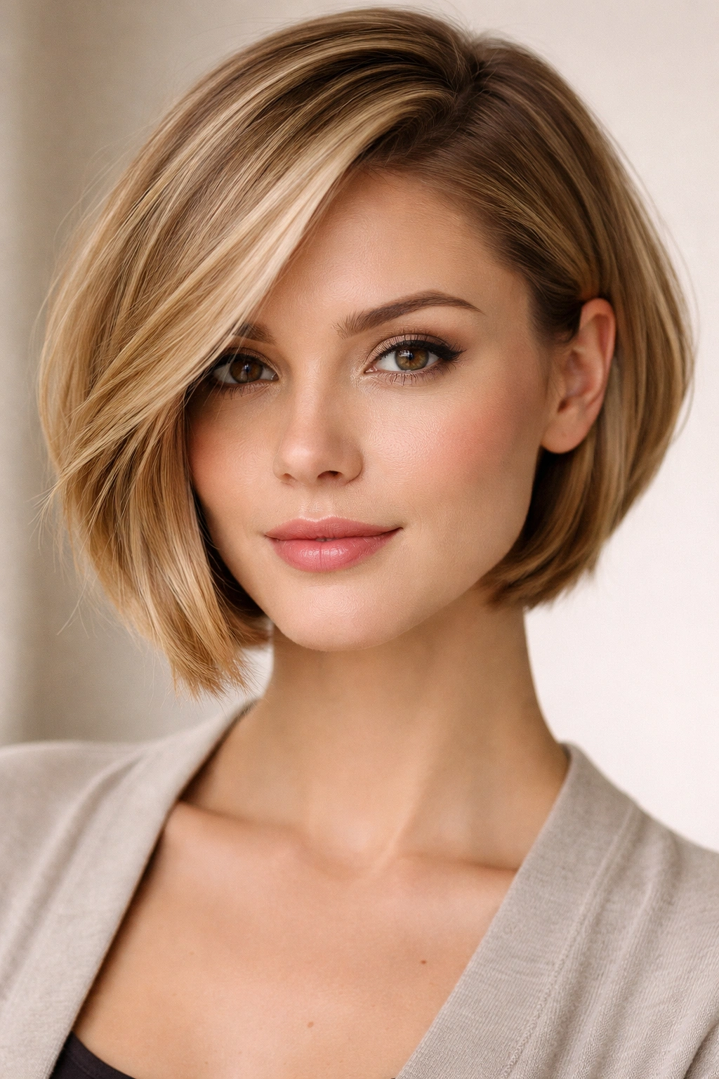 Close-up of a model with a subtle side-parted asymmetrical bob showing gentle lift