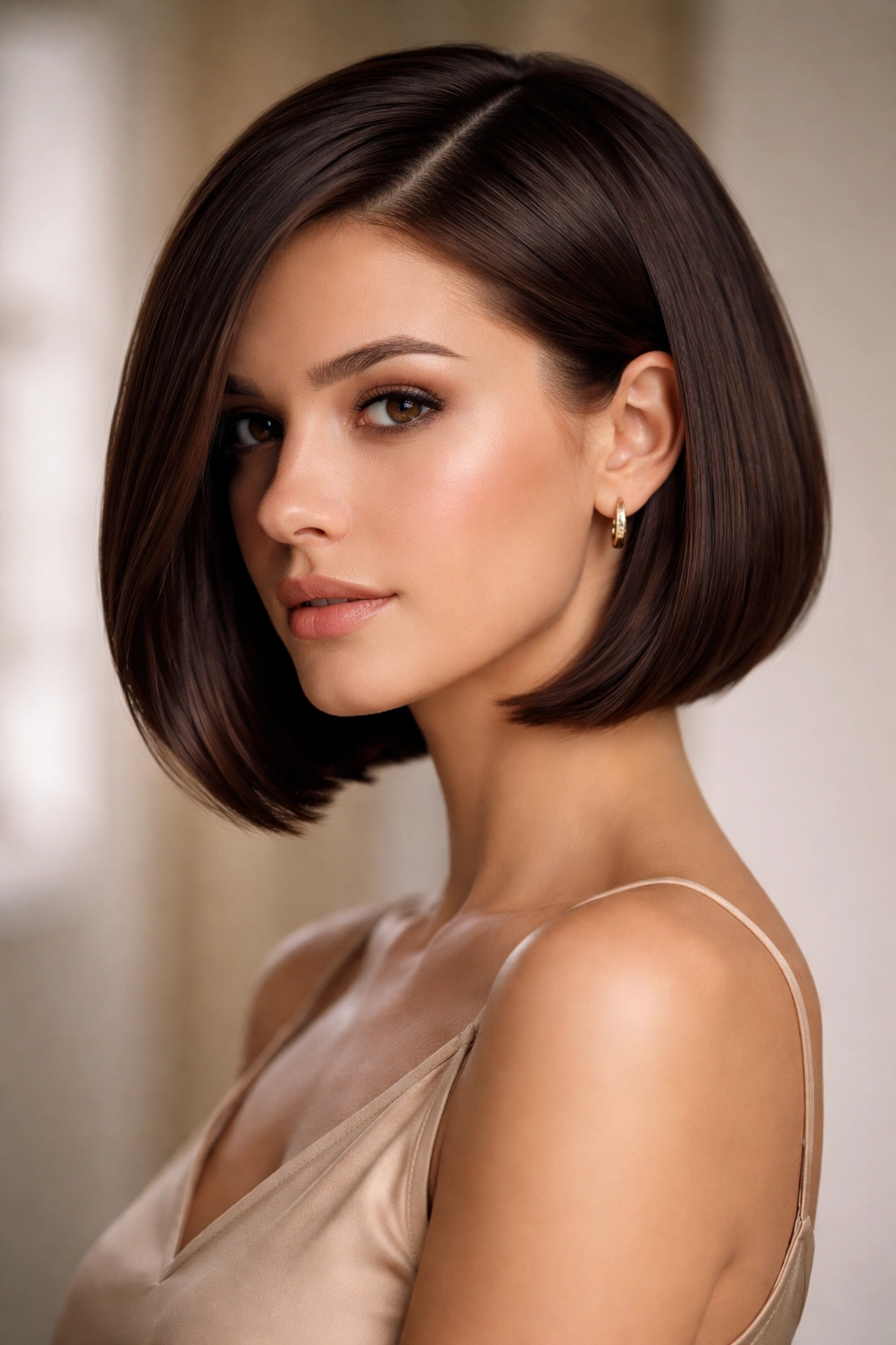 Side-parted dark brown bob with sleek finish