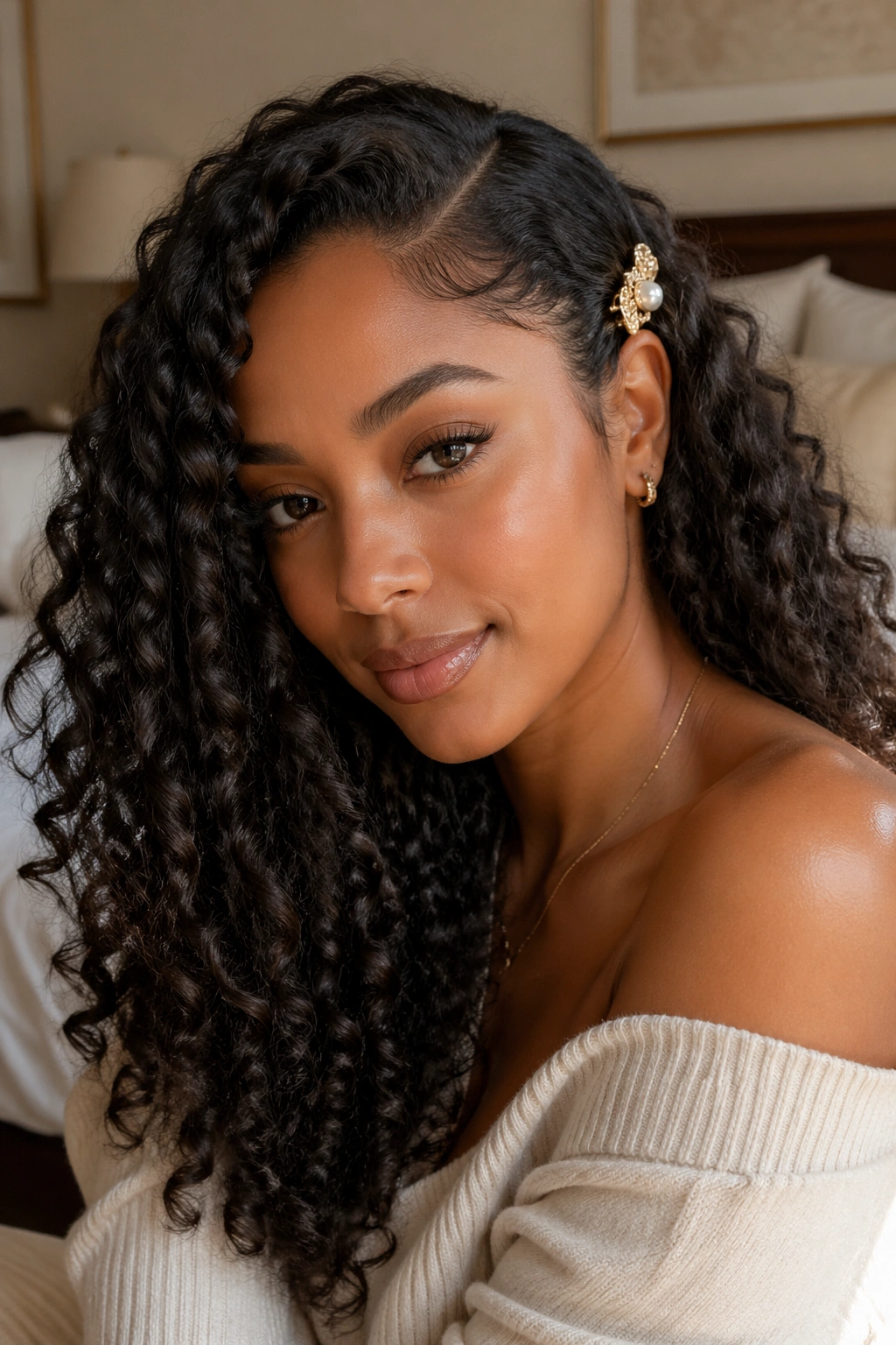 Close-up of a real woman with a side-part and decorative clip in curls.
