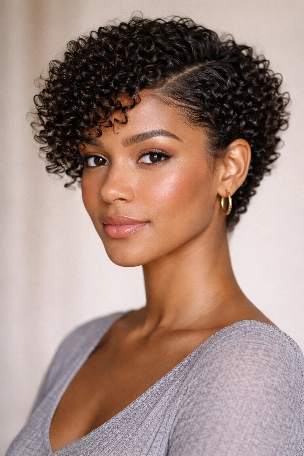 Side-parted curly crop with deep part and tucked side