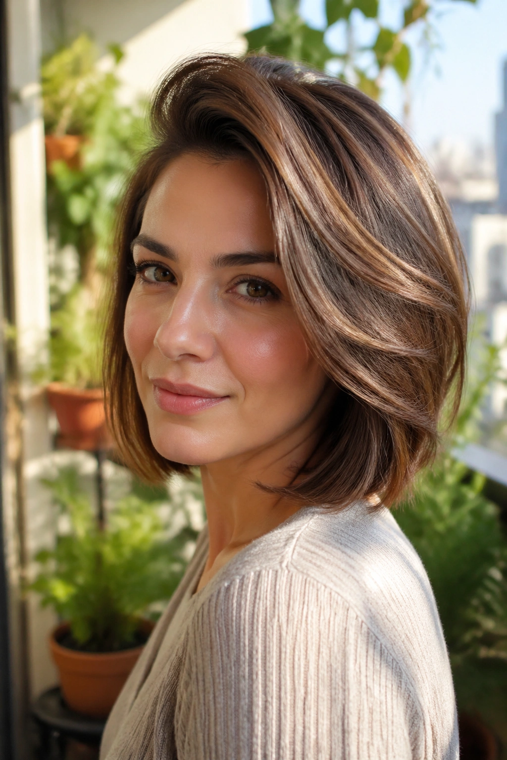 Close-up of a real woman with a side-parted layered bob and crown lift