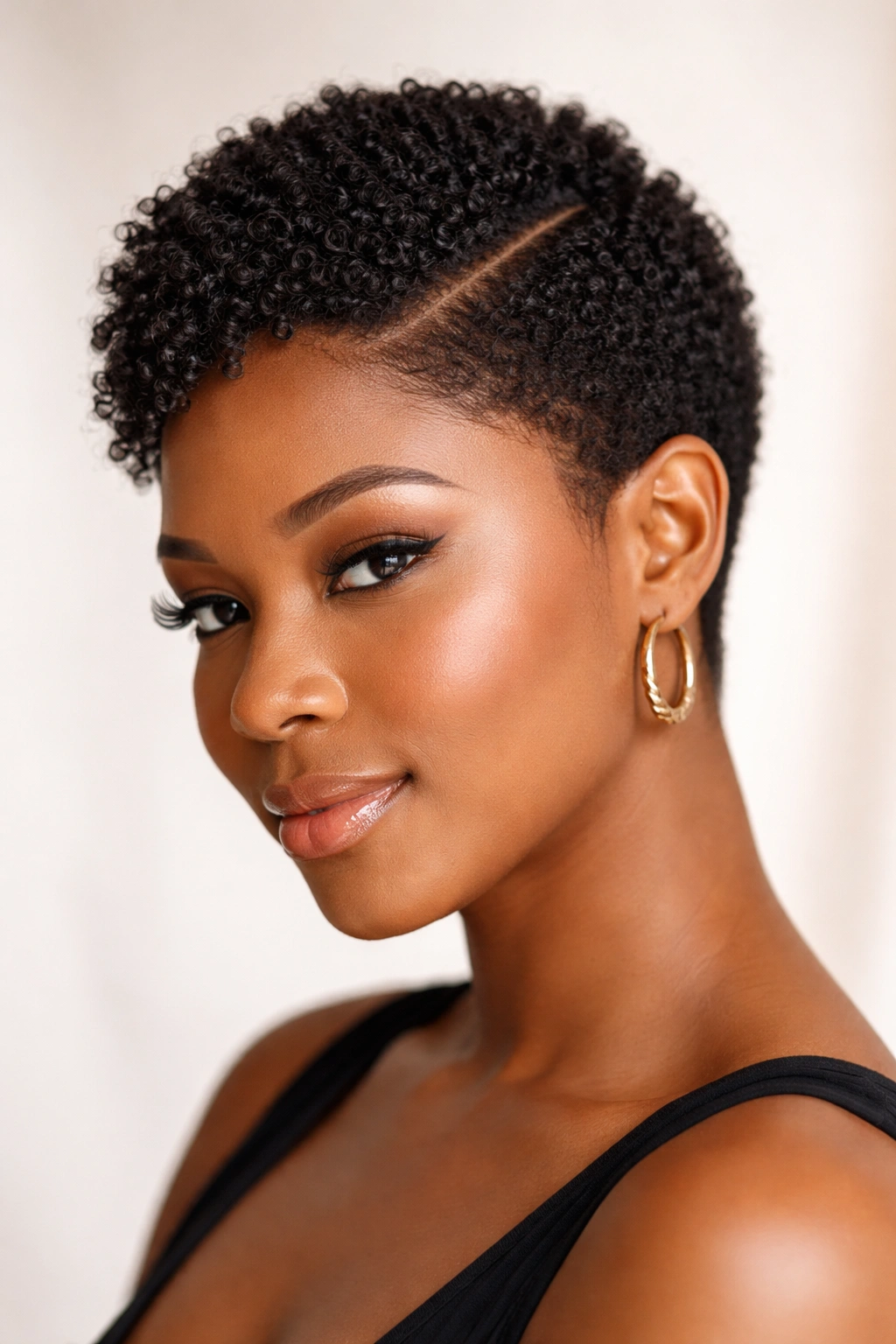Tiny afro with a deep side part creating a diagonal balance