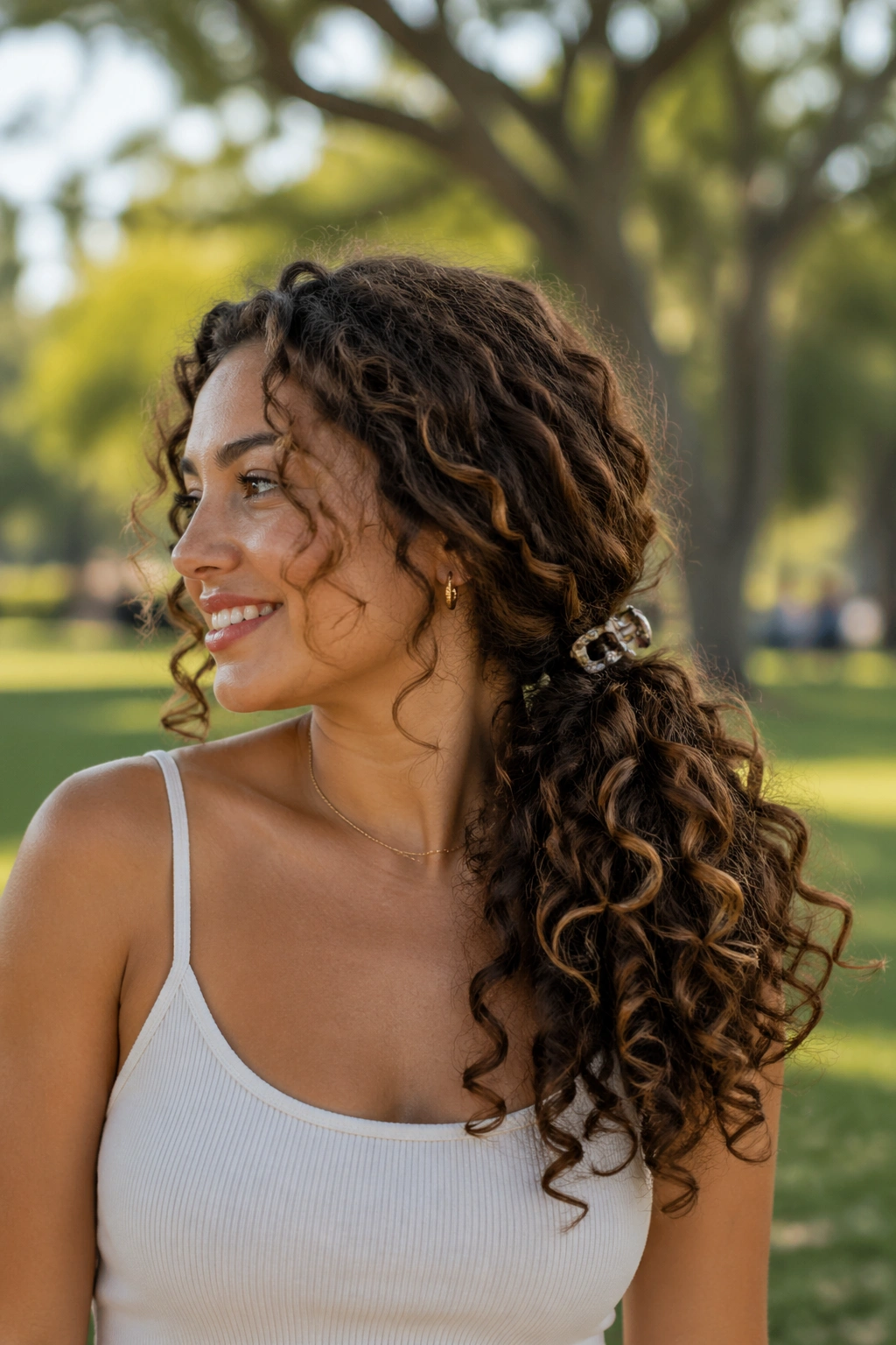 Medium close-up of a real woman with a side pony cascade and curls over one shoulder