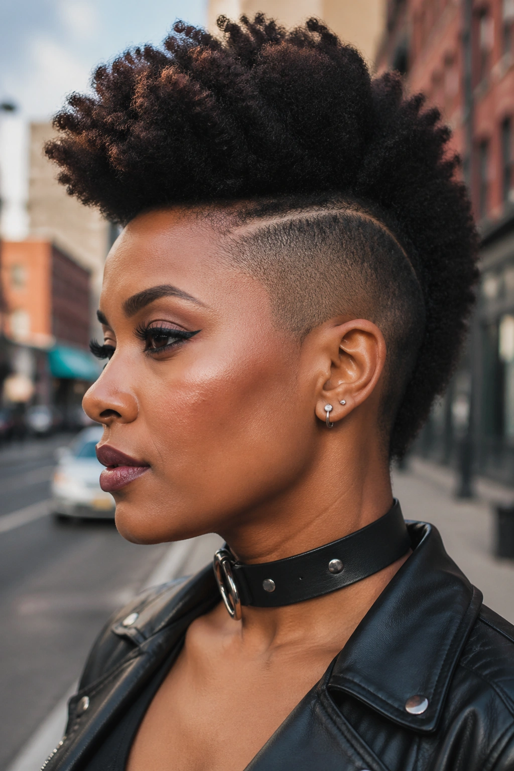 Close-up portrait of a real woman with a side-shaved frohawk against an urban street backdrop