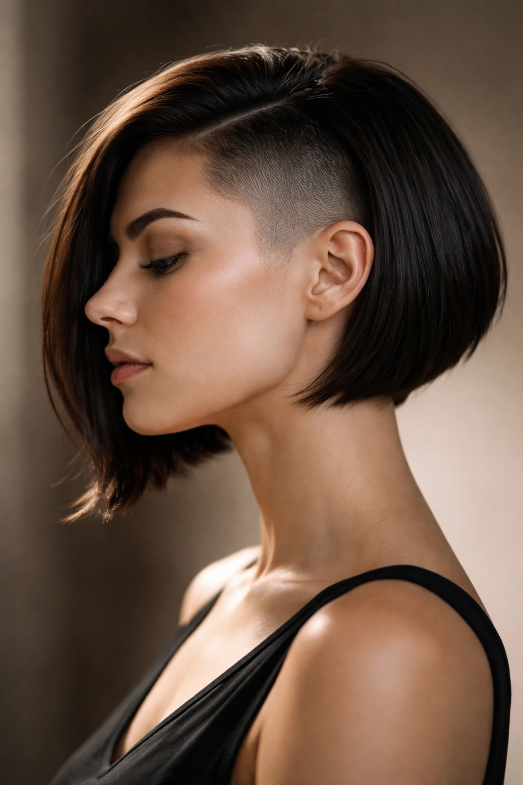 Profile of a side shaved undercut bob showing shaved side and longer opposite side