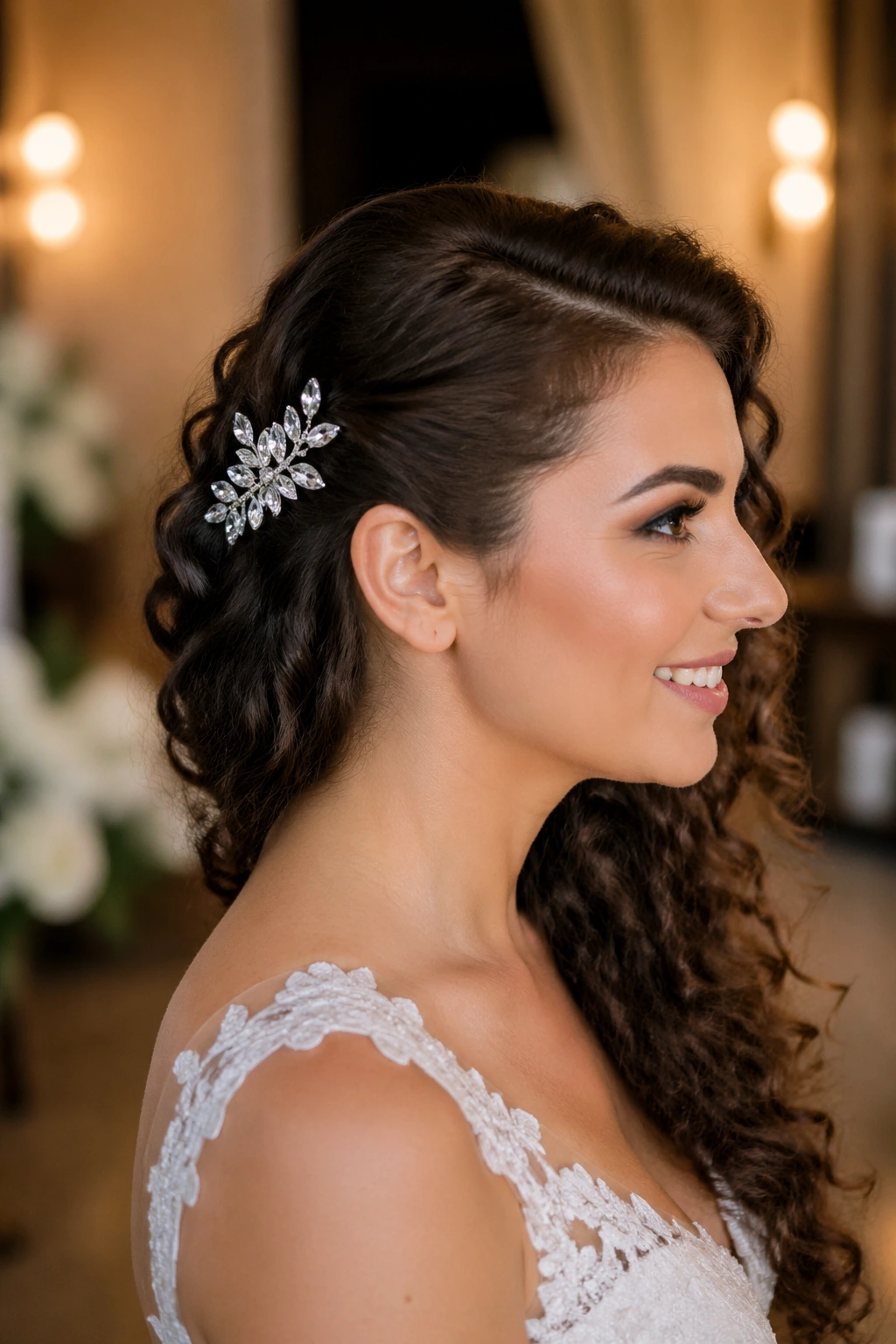 Bride with side swept hair and crystal comb behind the ear