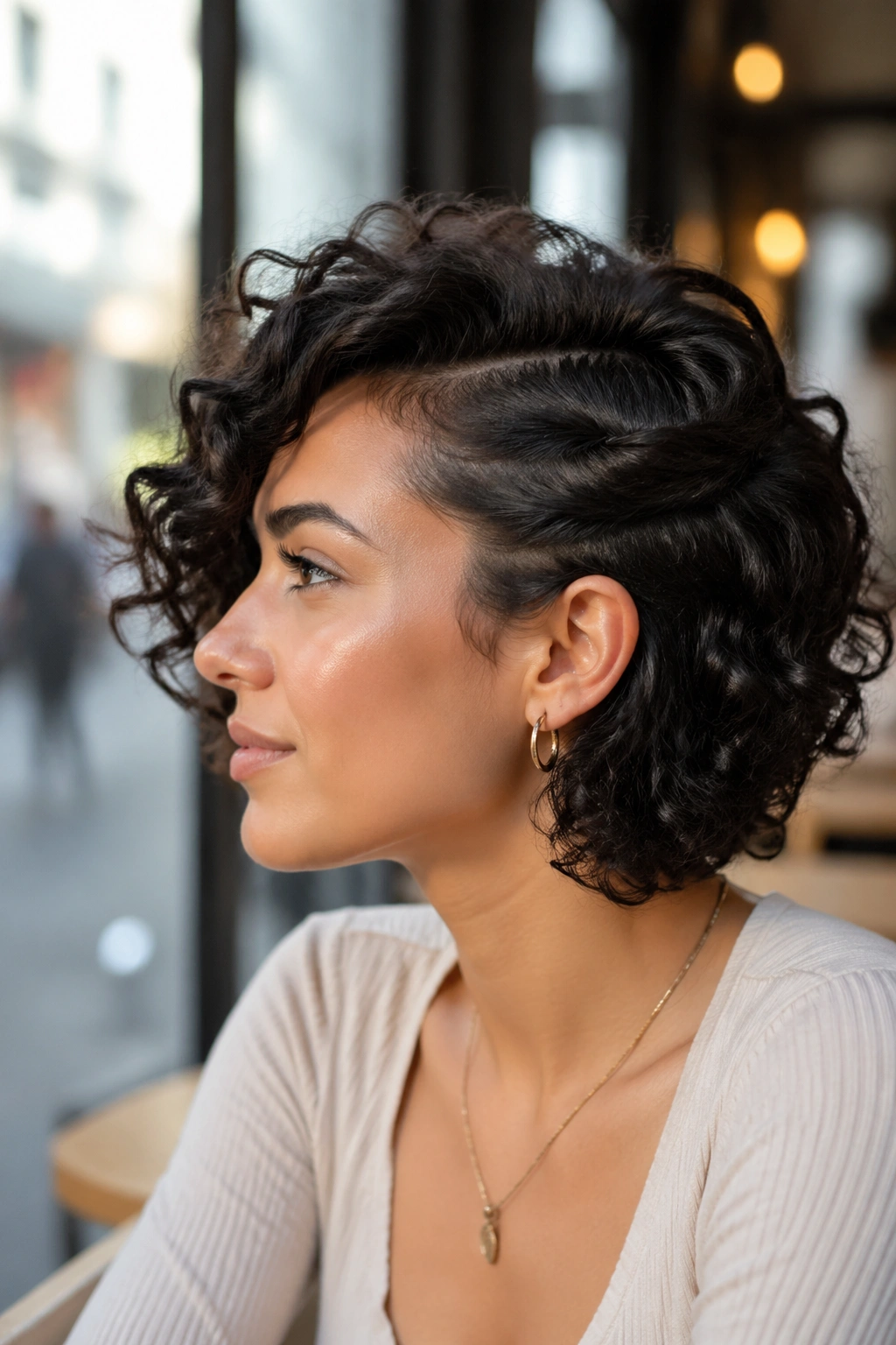 Side profile of a real woman with a side-swept curly bob and hidden pins.