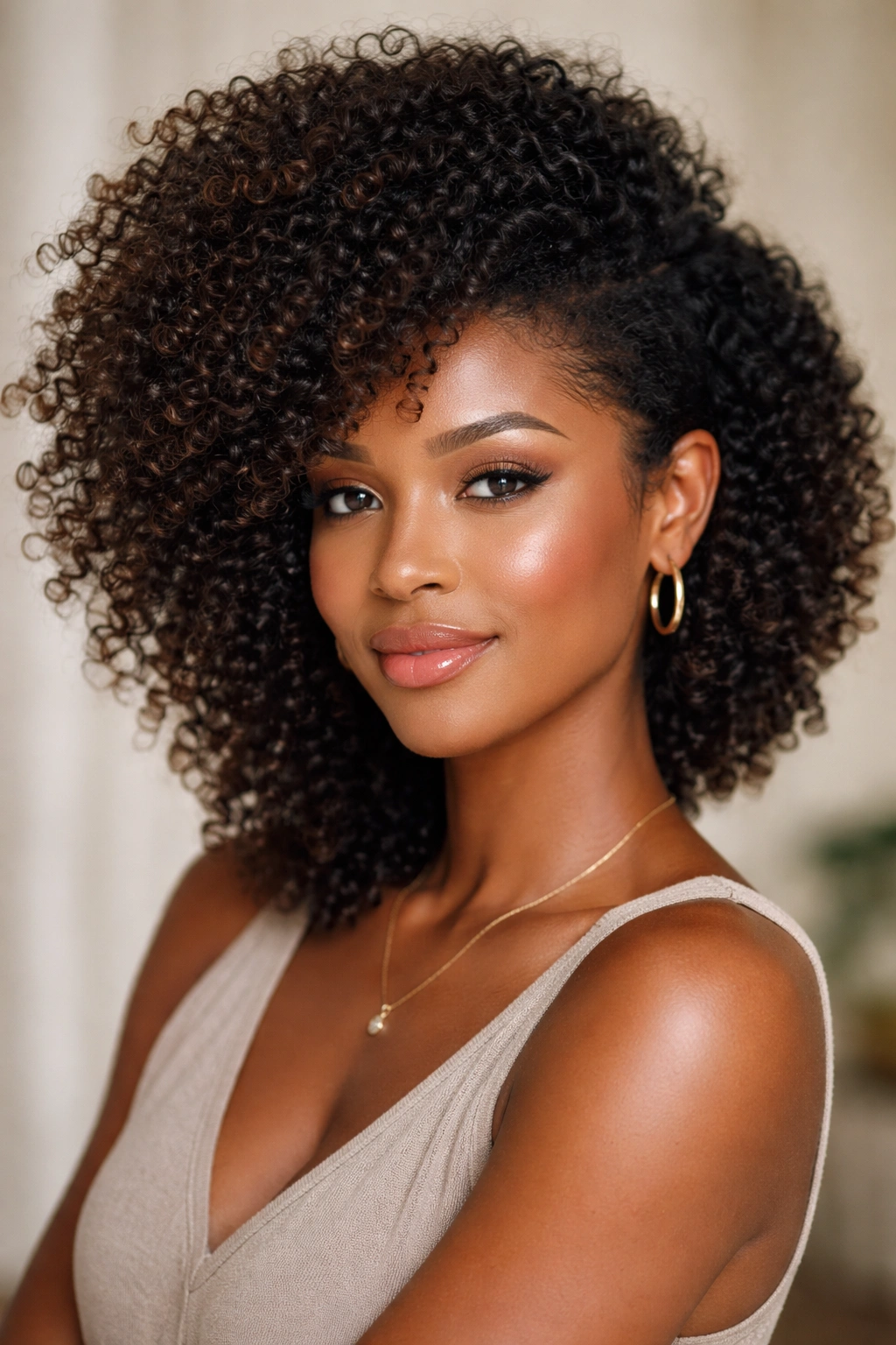 Side-swept curly afro showing crown volume in three-quarter portrait