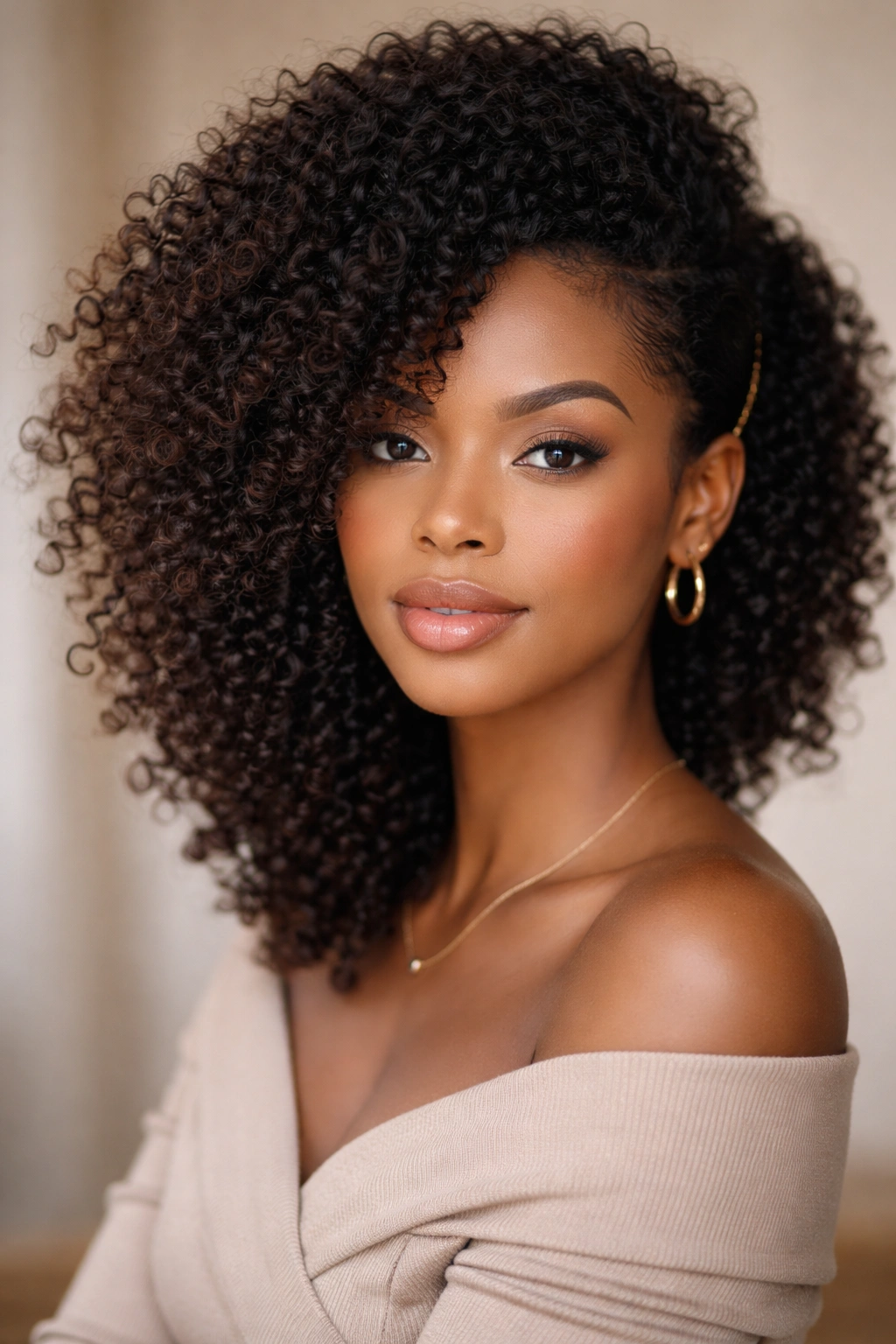 Afro with curls swept to the side and deep part
