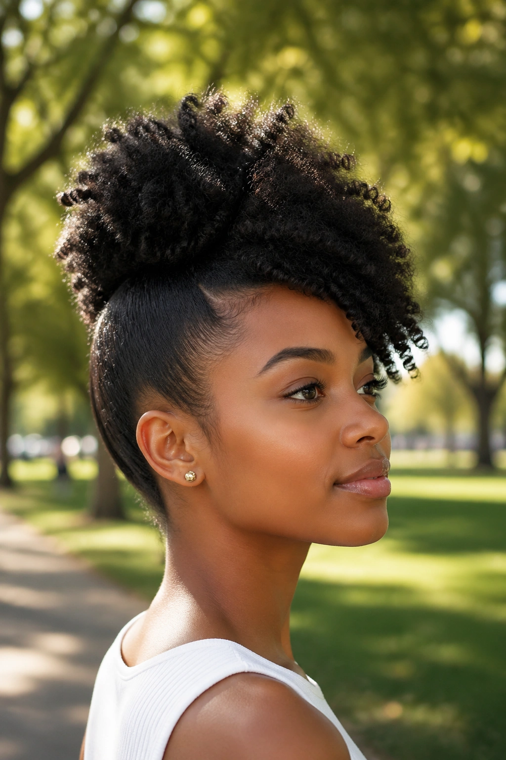Side-profile portrait of a real woman with a side-swept Afro puff