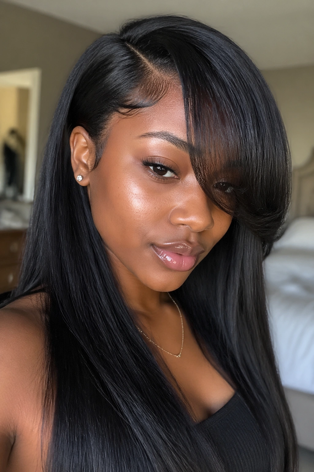 Close-up of a real woman with side-swept bangs and long straight Afro hair.