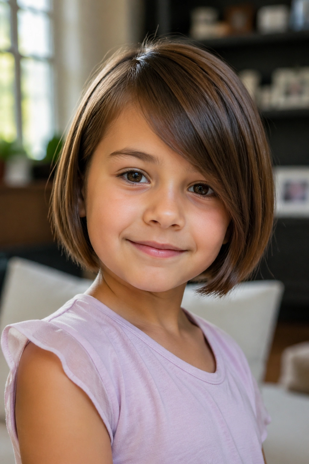 Close-up portrait of a child with a side-swept bang bob