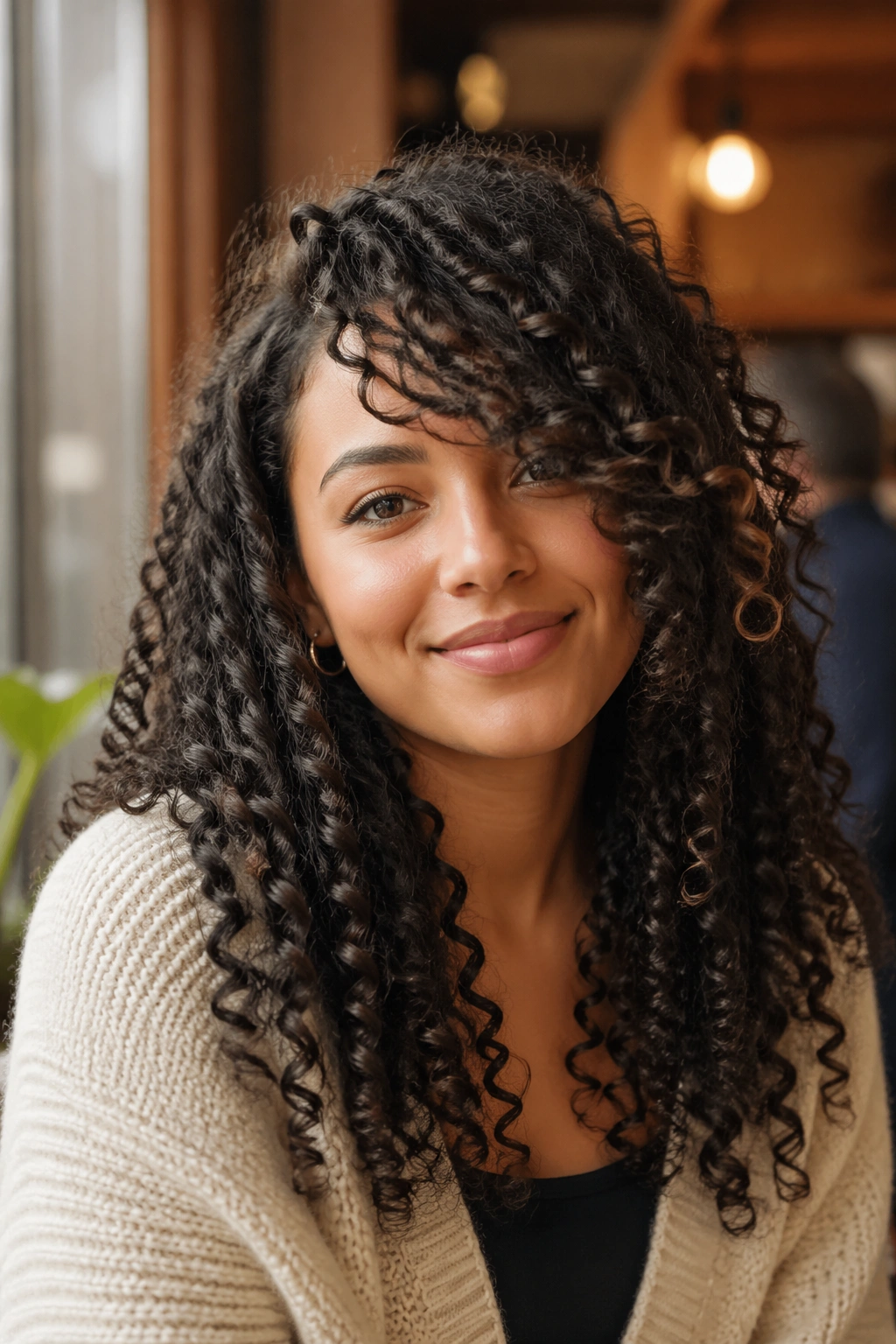 Portrait of a real woman with side-swept bangs on spiral curls in a cafe setting.