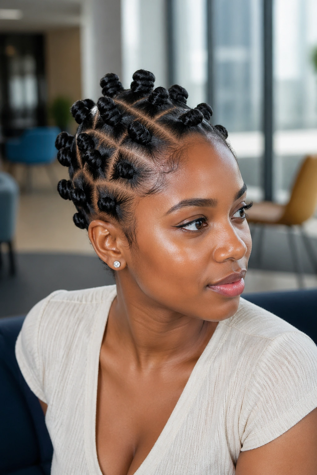 Close-up portrait of a real woman with side-swept cascade bantu knots in an office lounge