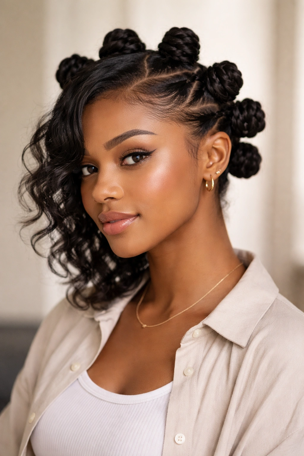 Side-swept bantu knots creating a soft, framed look from a three-quarter view