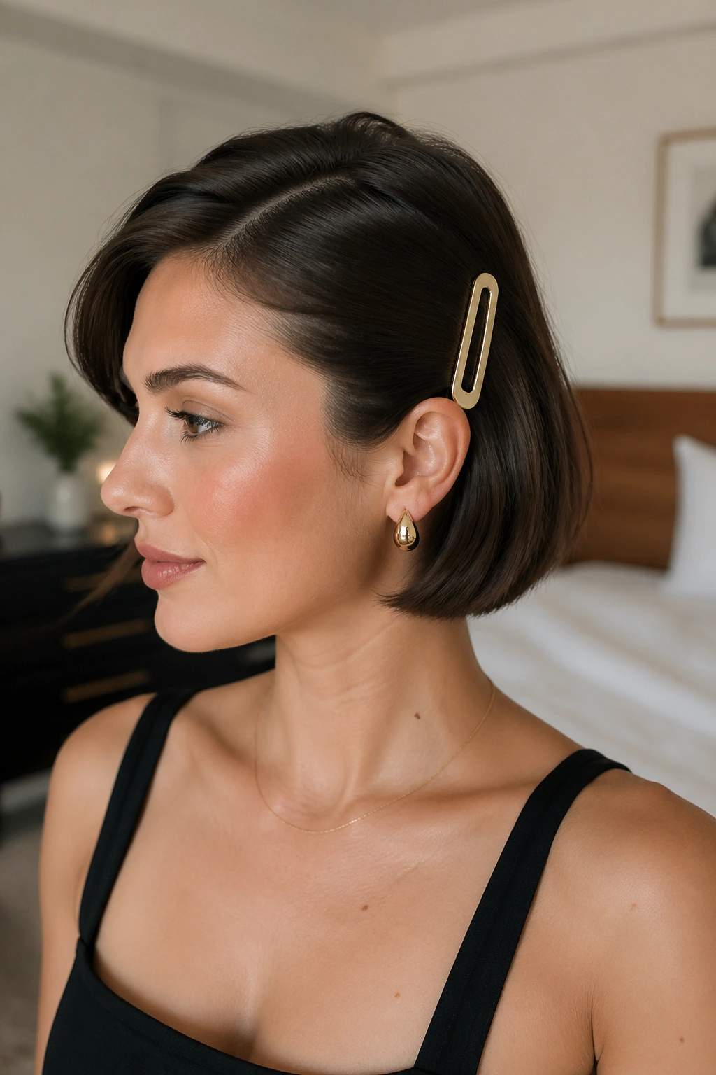 Close-up of side-swept half-up with an oversized barrette on a short bob