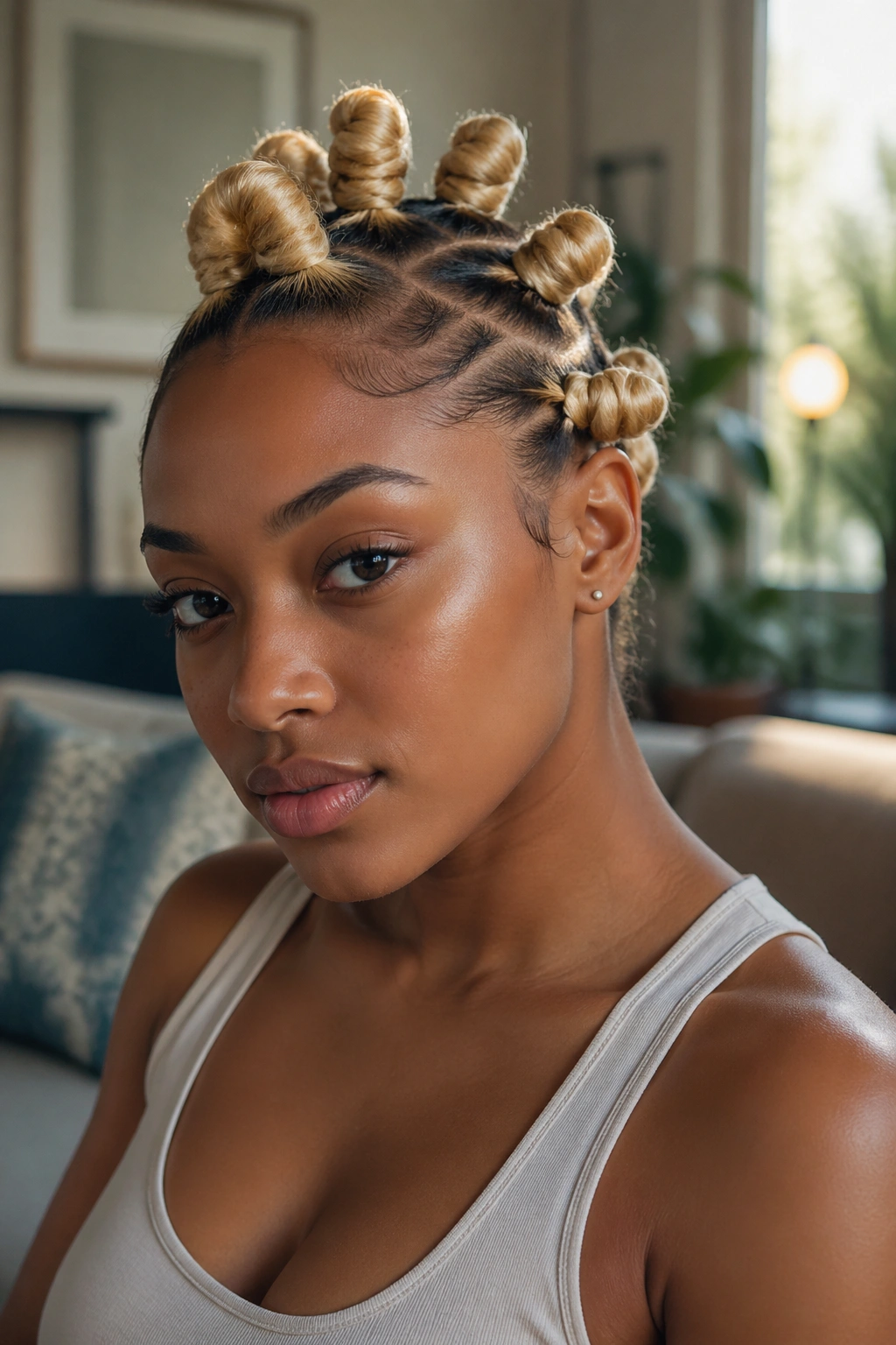 Real woman with side-swept crown knots in blonde hair