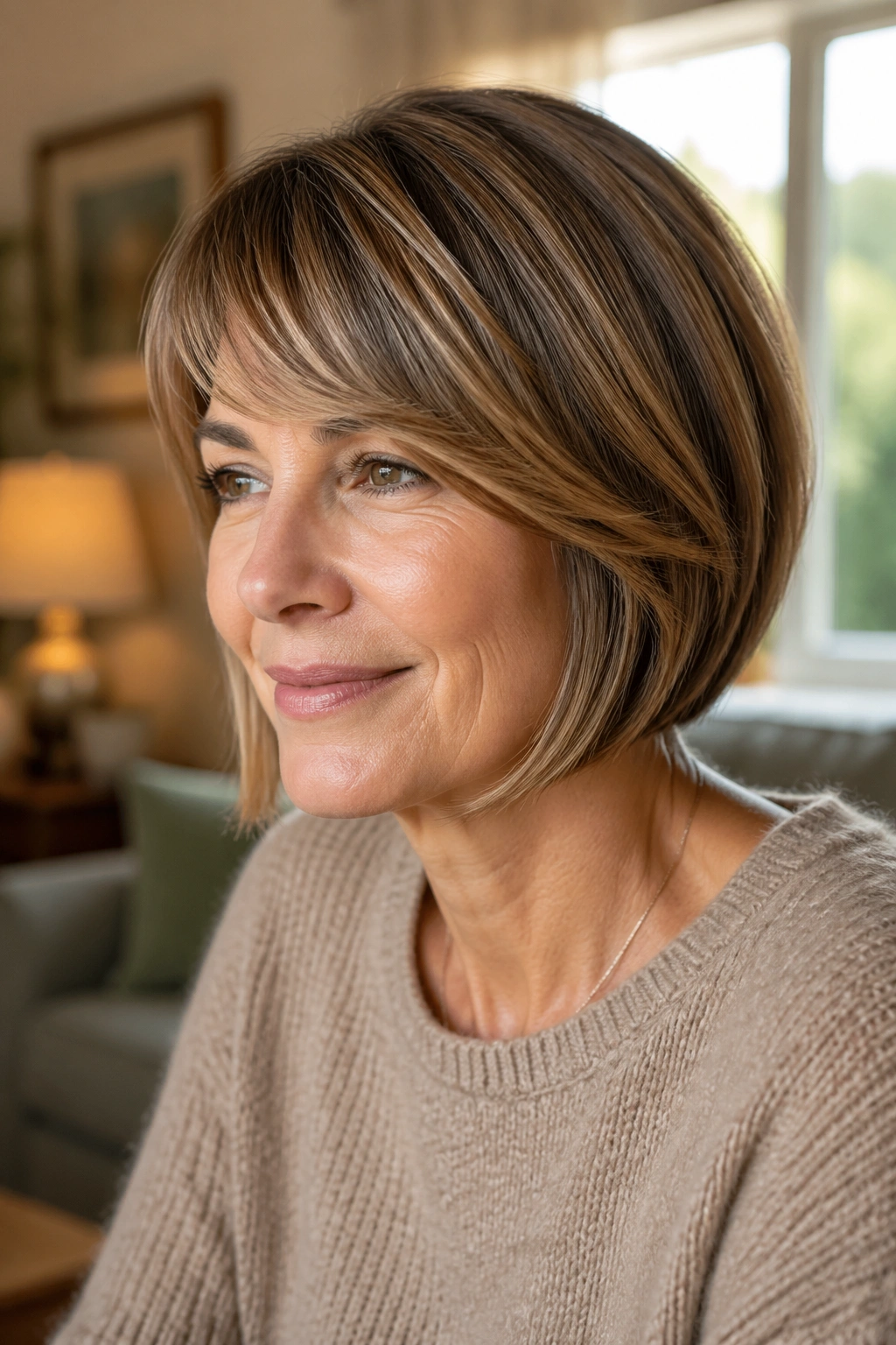 Close-up of a real woman with a side-swept bang bob, soft bangs blending into the bob
