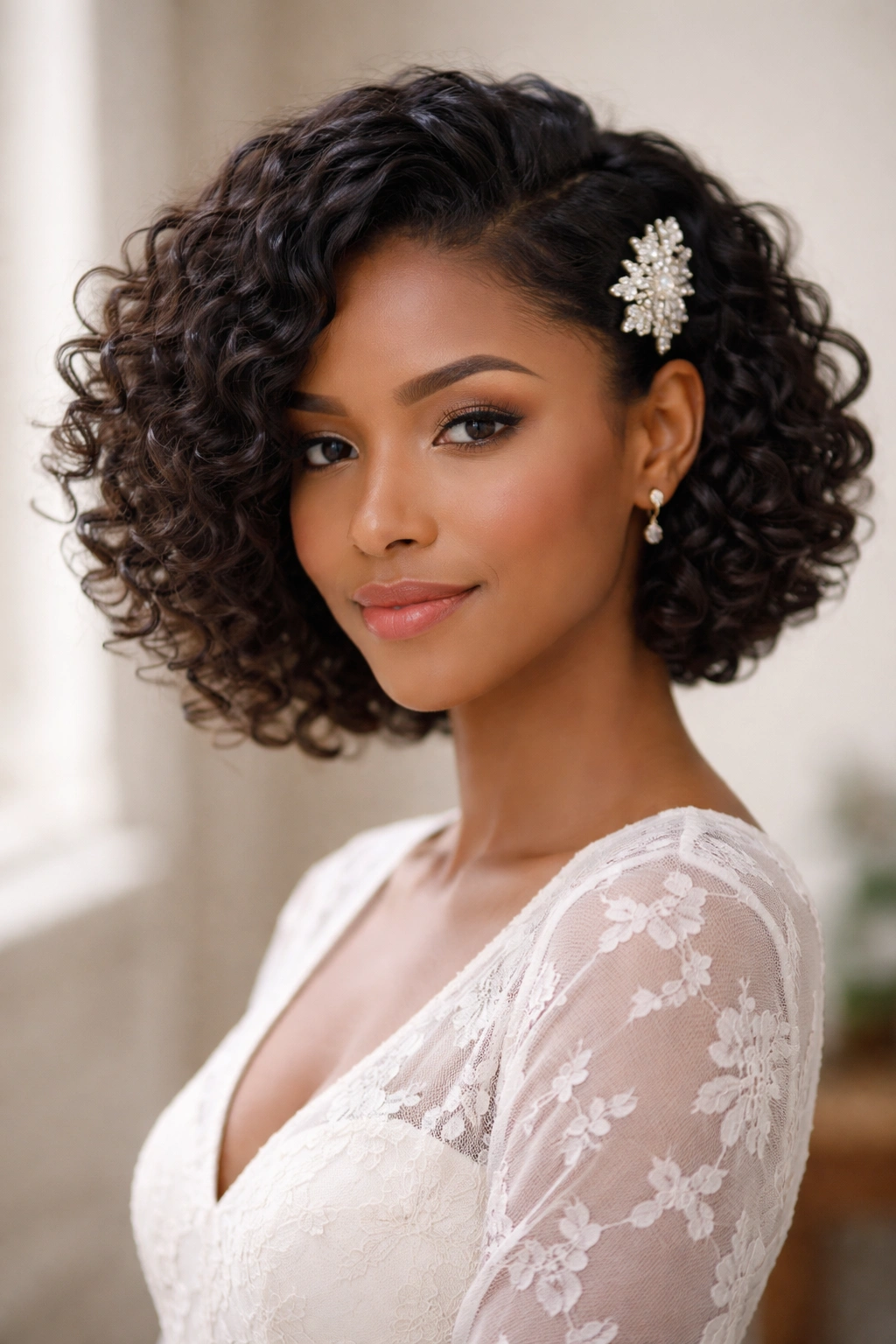 Side-swept curly bob with a small jeweled clip above the temple