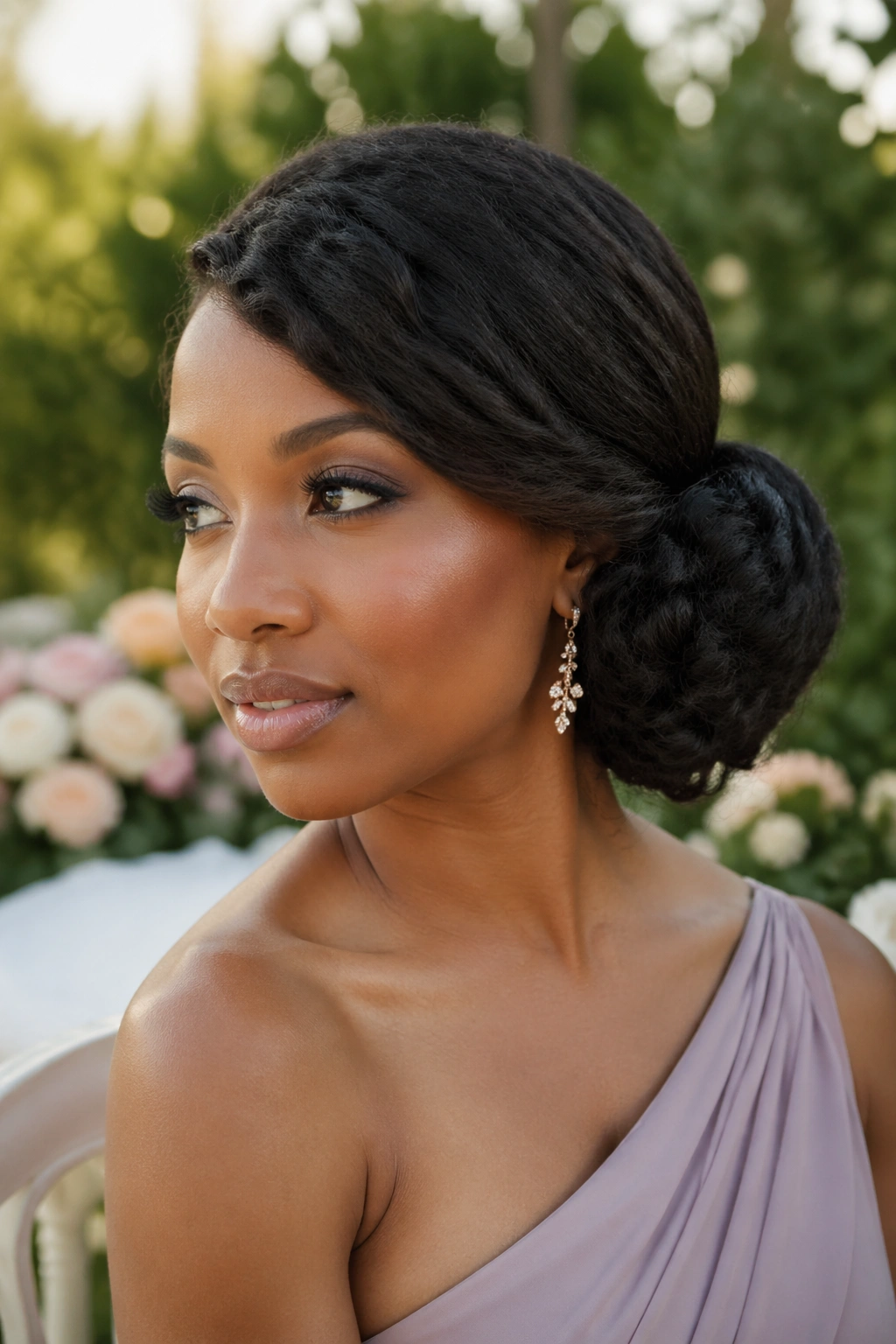 Portrait of a real person with a side-swept bun in an outdoor garden