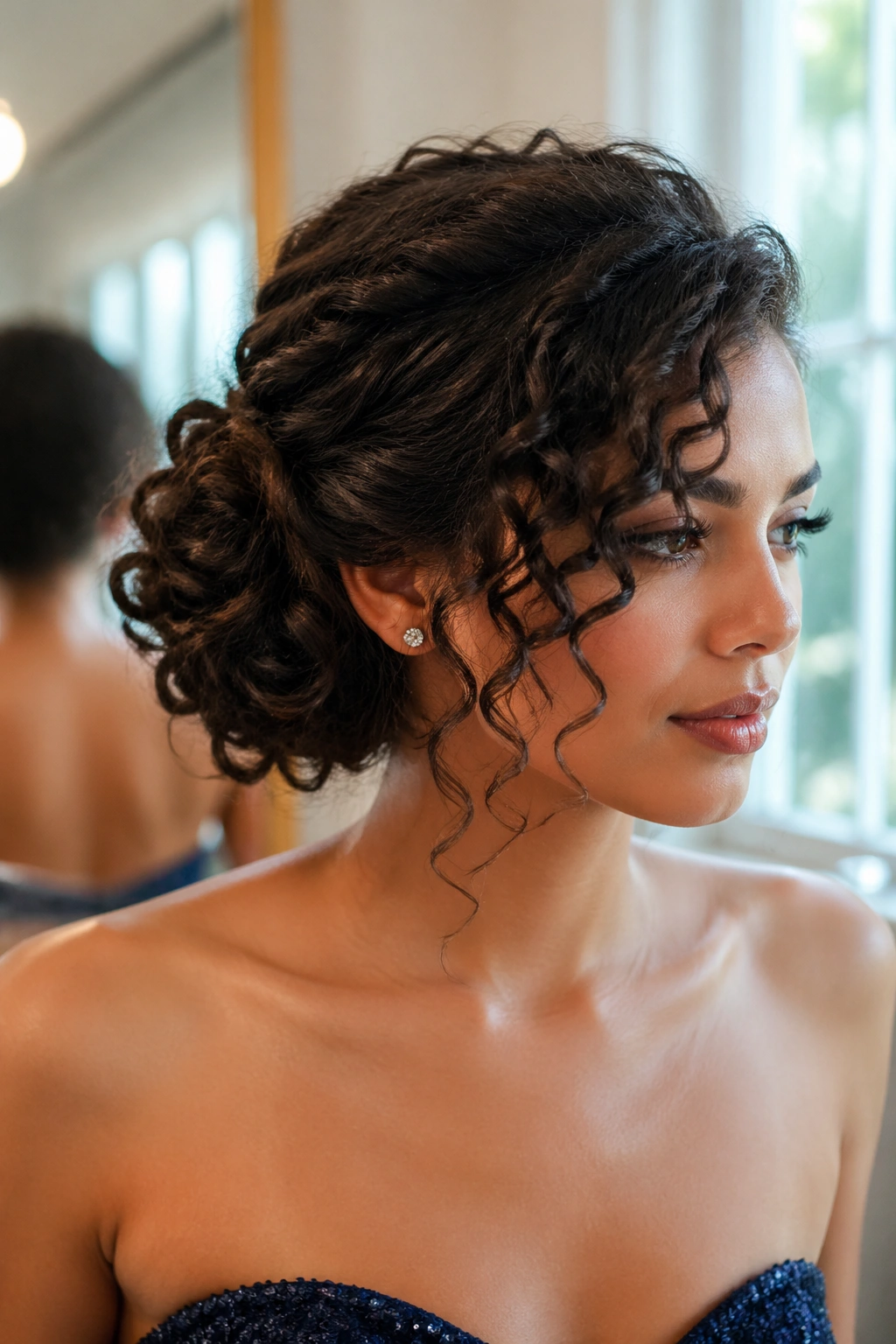 Close-up of a real woman with a side-swept curly bun.