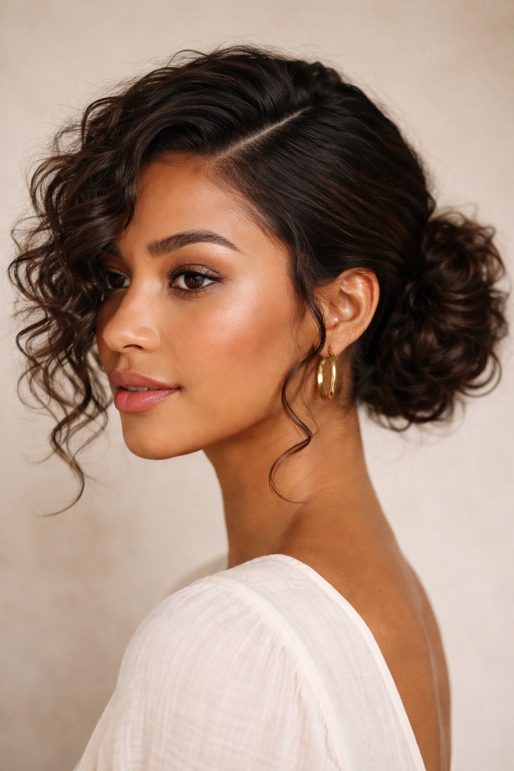 Side-swept bun with a deep part and bun behind the ear on a curly head