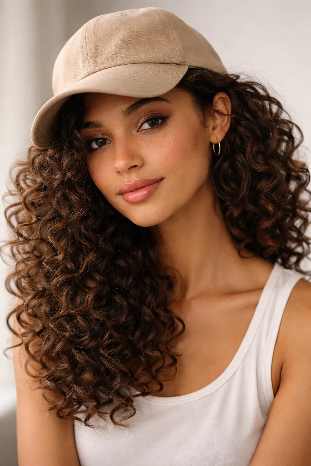 Side-swept curls with cap tilted off center