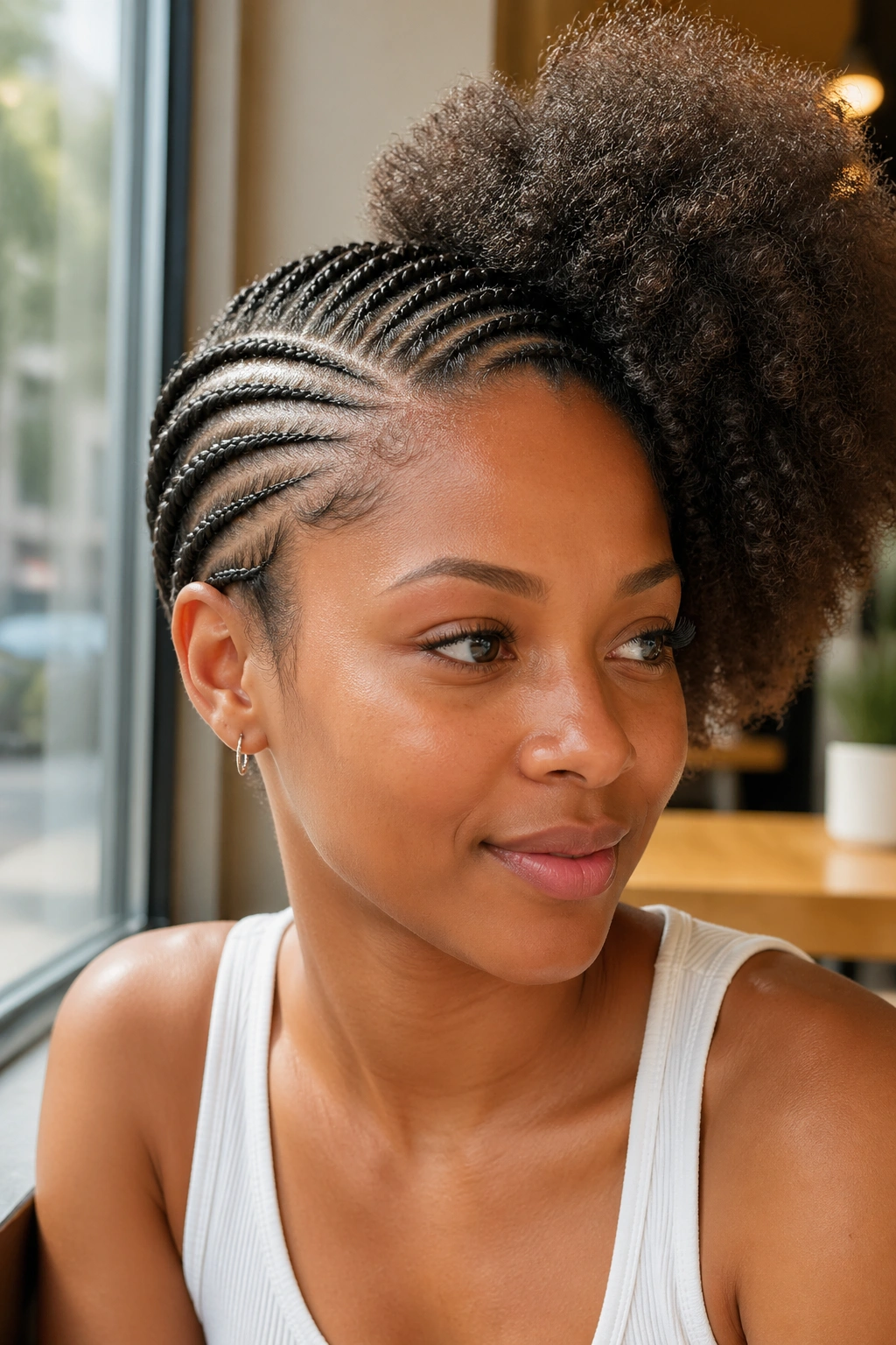 Real woman with side-swept cornrows and a fluffy puff on one side, in a cafe window setting