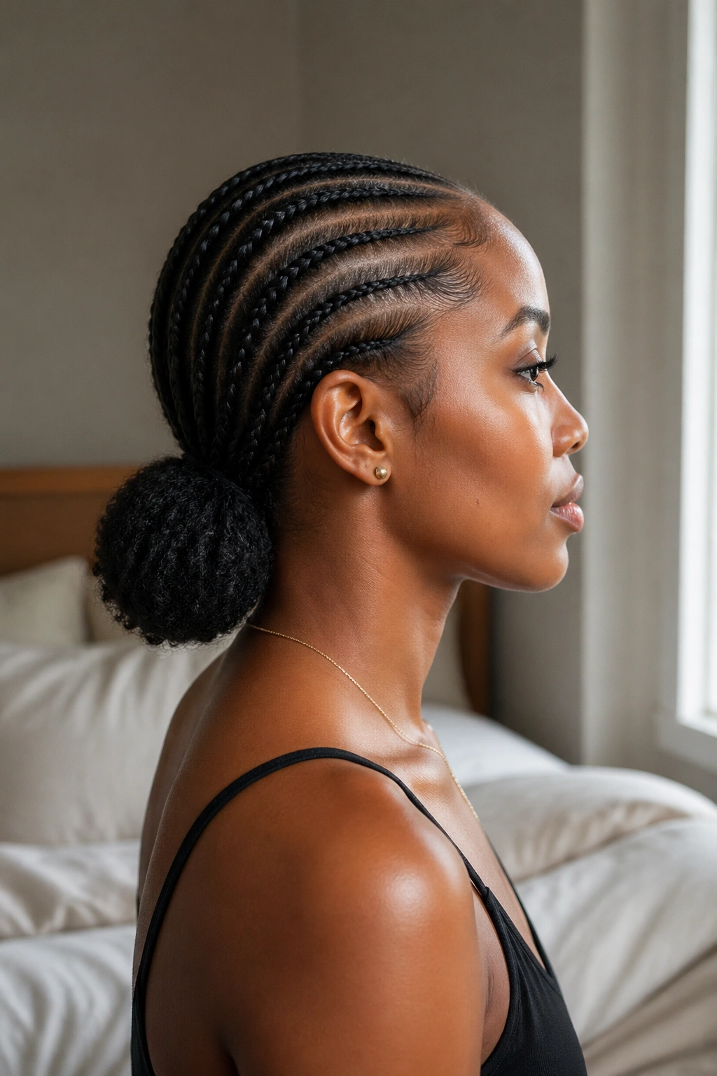 Side profile of woman with side swept cornrows and low puff