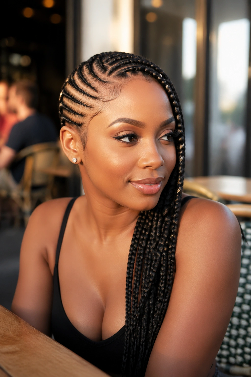 Close-up of side-swept cornrow styles on a real woman