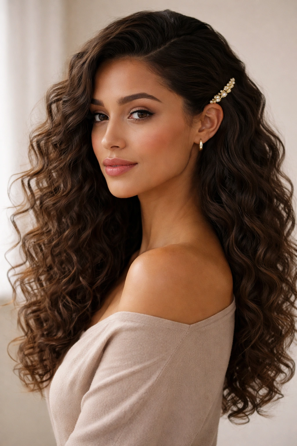 Profile view of side-swept curls with a low barrette